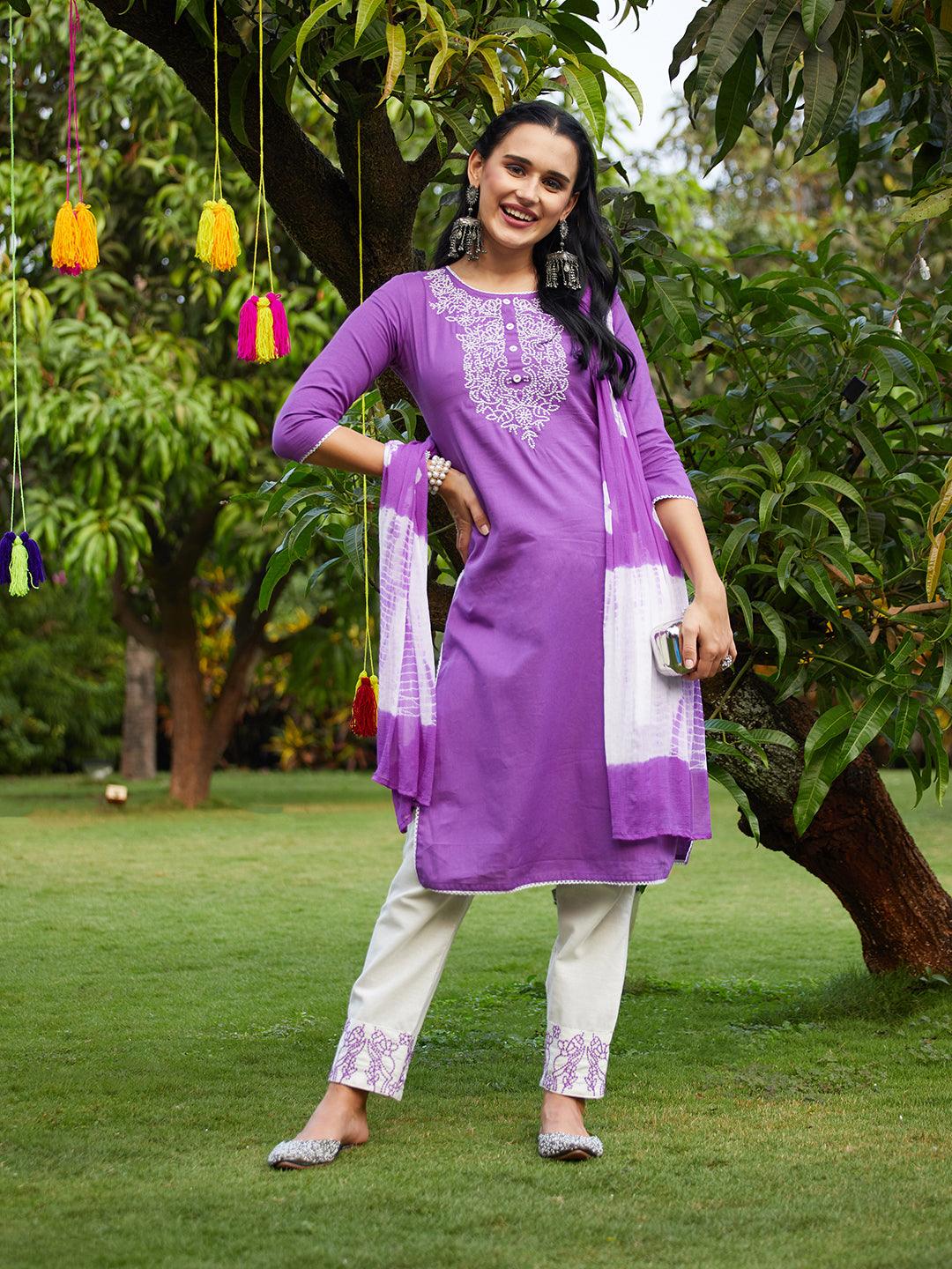 Solid Resham Embroidered Kurta With Pants & Dupatta - Violet - Indiakreations