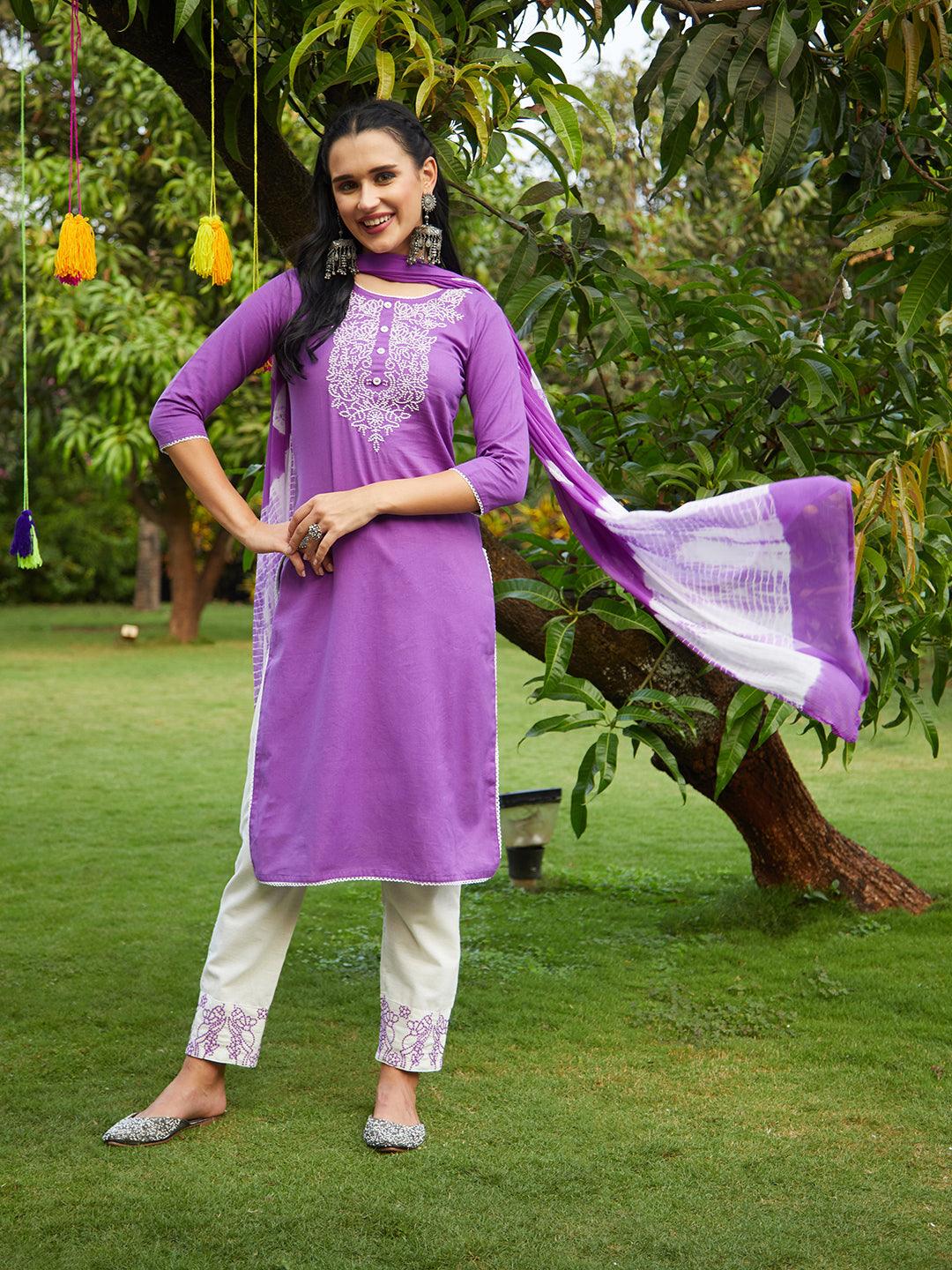 Solid Resham Embroidered Kurta With Pants & Dupatta - Violet - Indiakreations