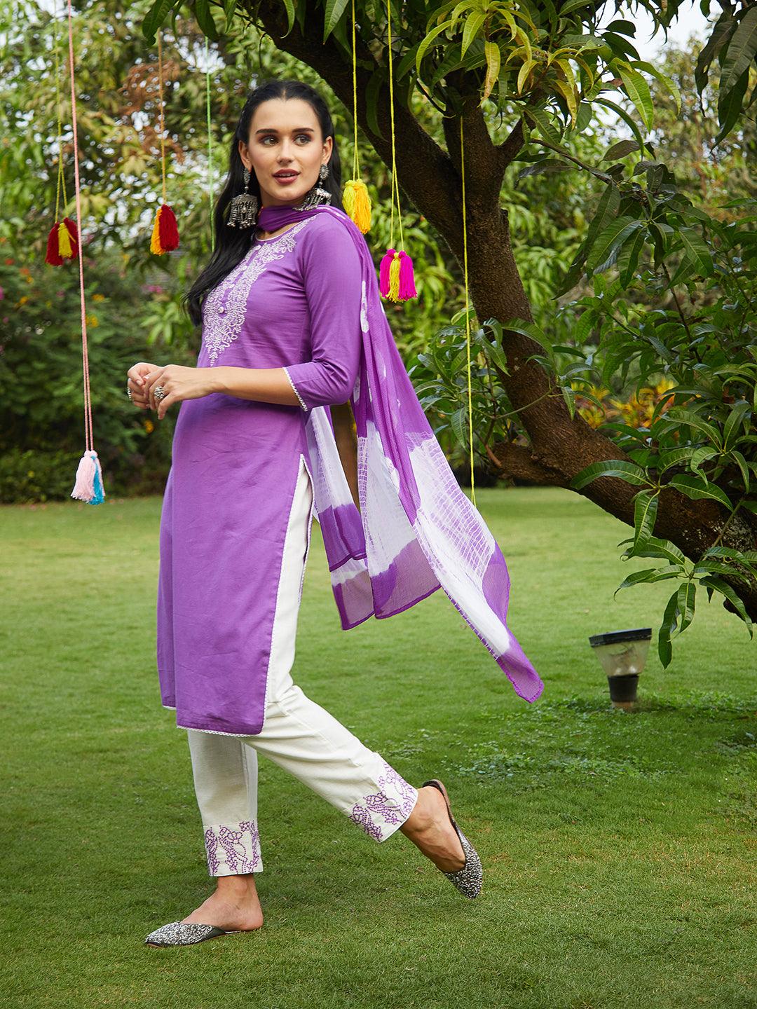 Solid Resham Embroidered Kurta With Pants & Dupatta - Violet - Indiakreations