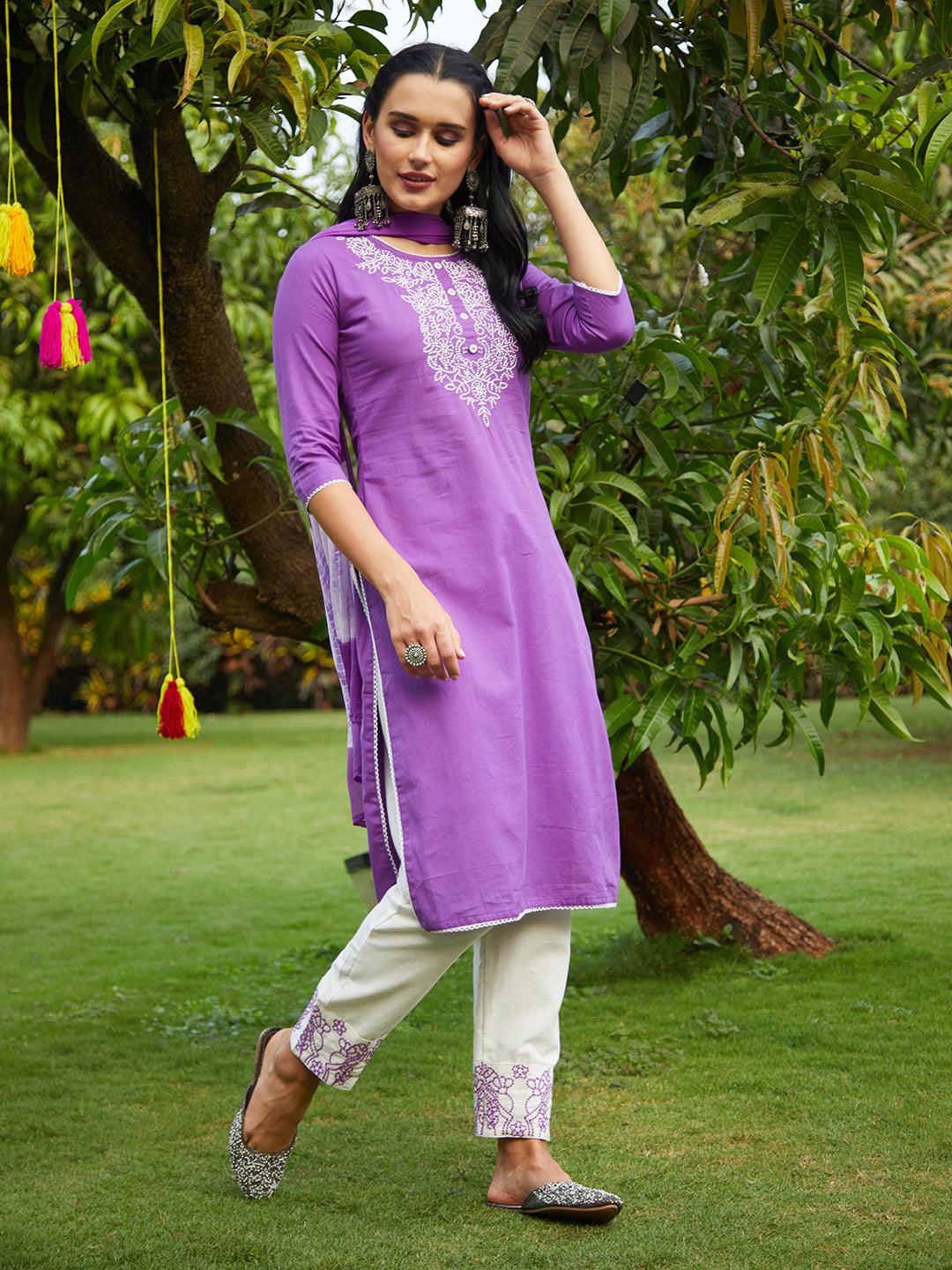 Solid Resham Embroidered Kurta With Pants & Dupatta - Violet - Indiakreations