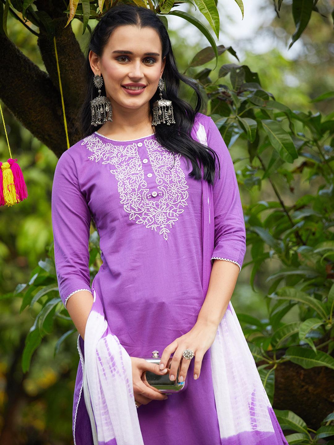 Solid Resham Embroidered Kurta With Pants & Dupatta - Violet - Indiakreations