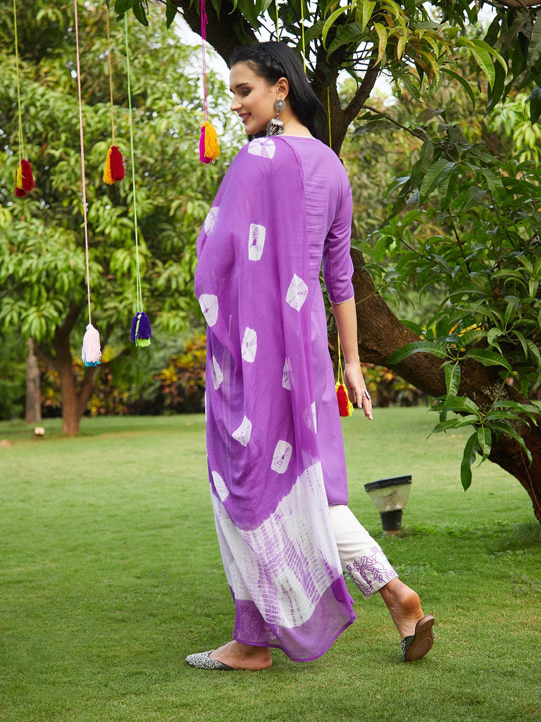 Solid Resham Embroidered Kurta With Pants & Dupatta - Violet - Indiakreations