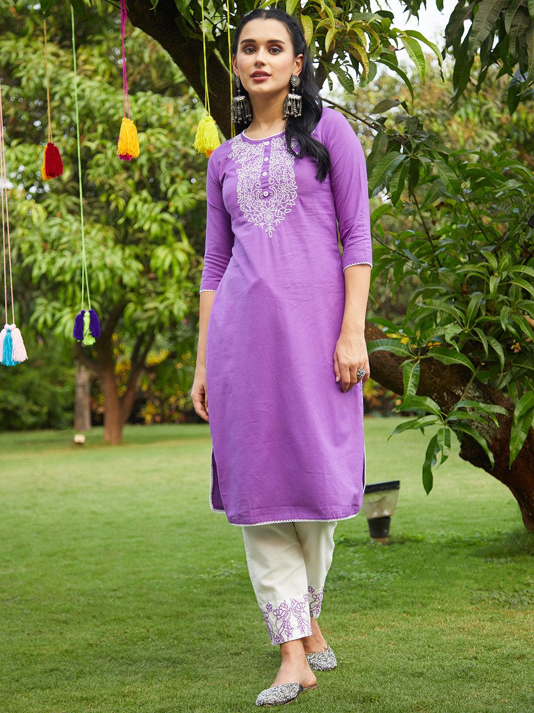 Solid Resham Embroidered Kurta With Pants & Dupatta - Violet - Indiakreations