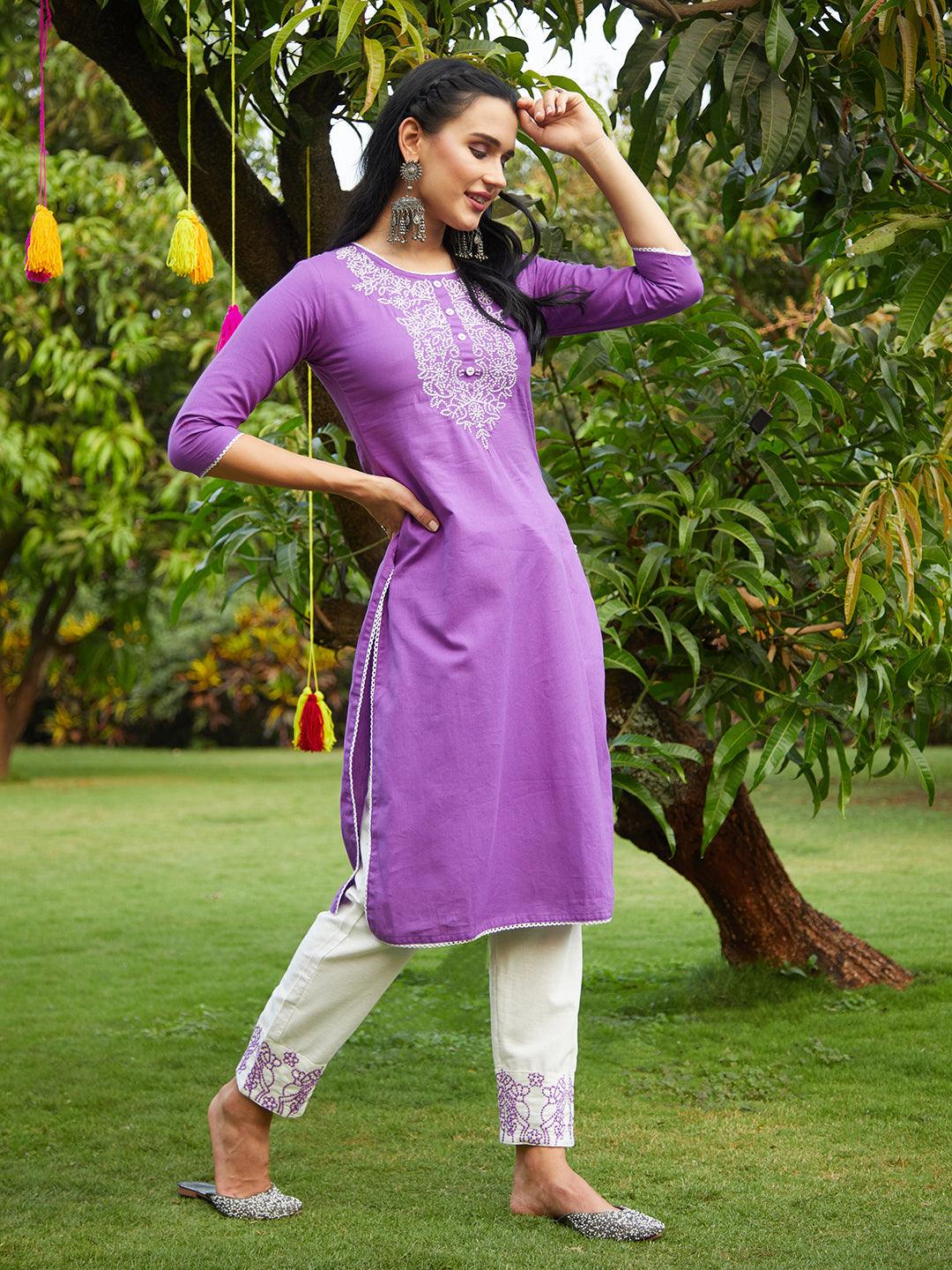 Solid Resham Embroidered Kurta With Pants & Dupatta - Violet - Indiakreations