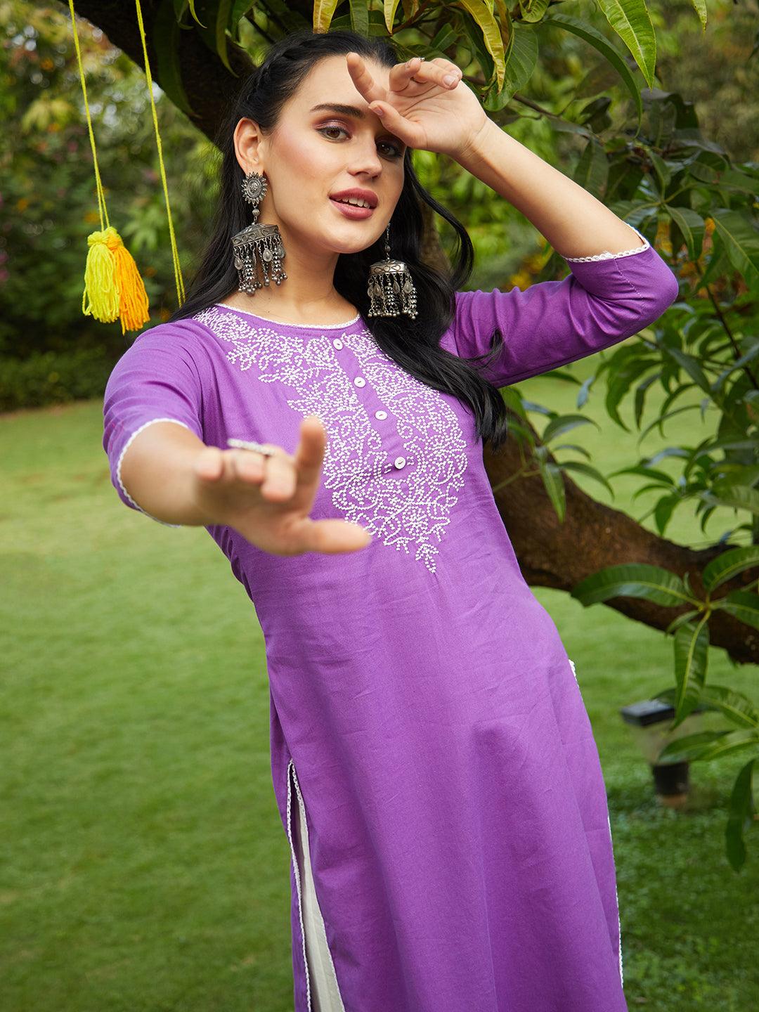 Solid Resham Embroidered Kurta With Pants & Dupatta - Violet - Indiakreations