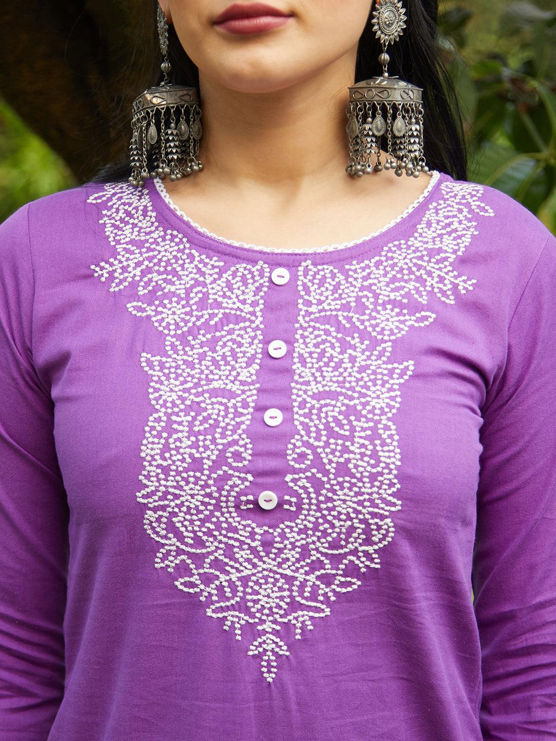 Solid Resham Embroidered Kurta With Pants & Dupatta - Violet - Indiakreations