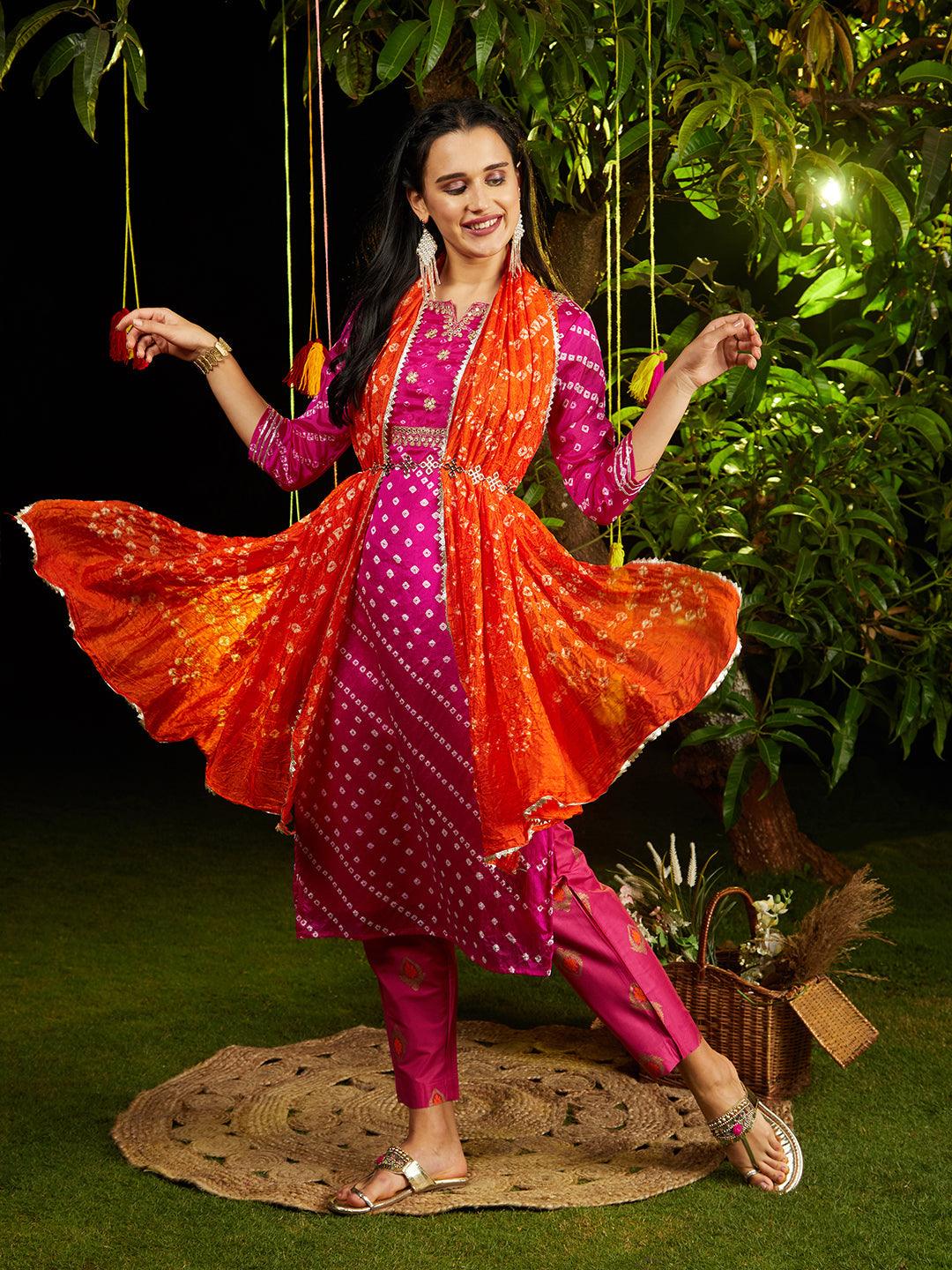 Bandhani Printed & Embroidered Straight Kurta with Pant & Dupatta - Rani Pink - Indiakreations