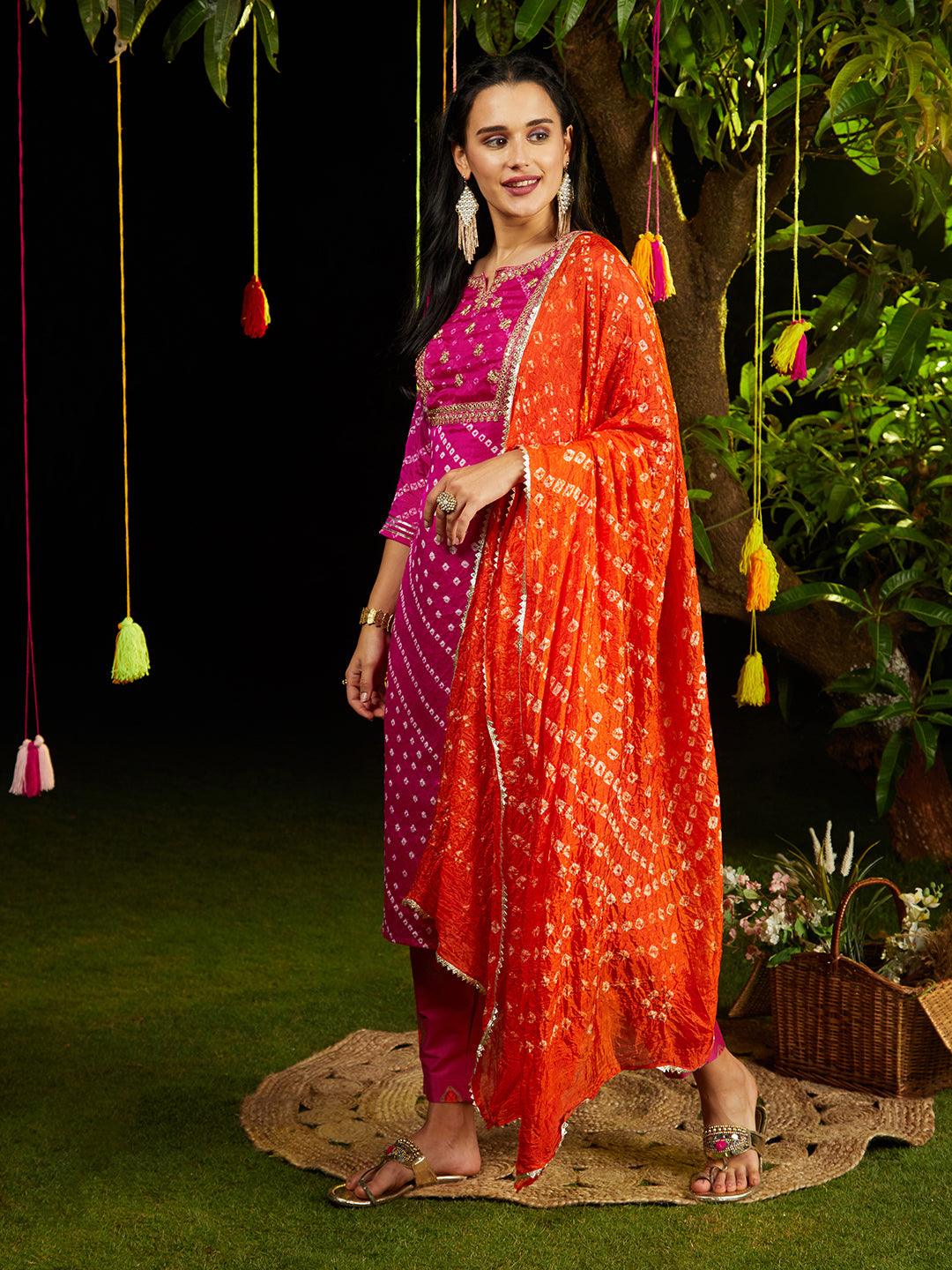 Bandhani Printed & Embroidered Straight Kurta with Pant & Dupatta - Rani Pink - Indiakreations