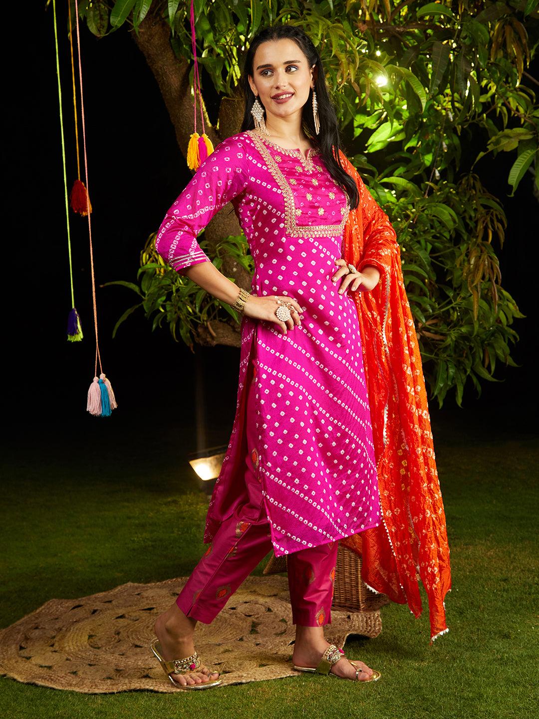 Bandhani Printed & Embroidered Straight Kurta with Pant & Dupatta - Rani Pink - Indiakreations