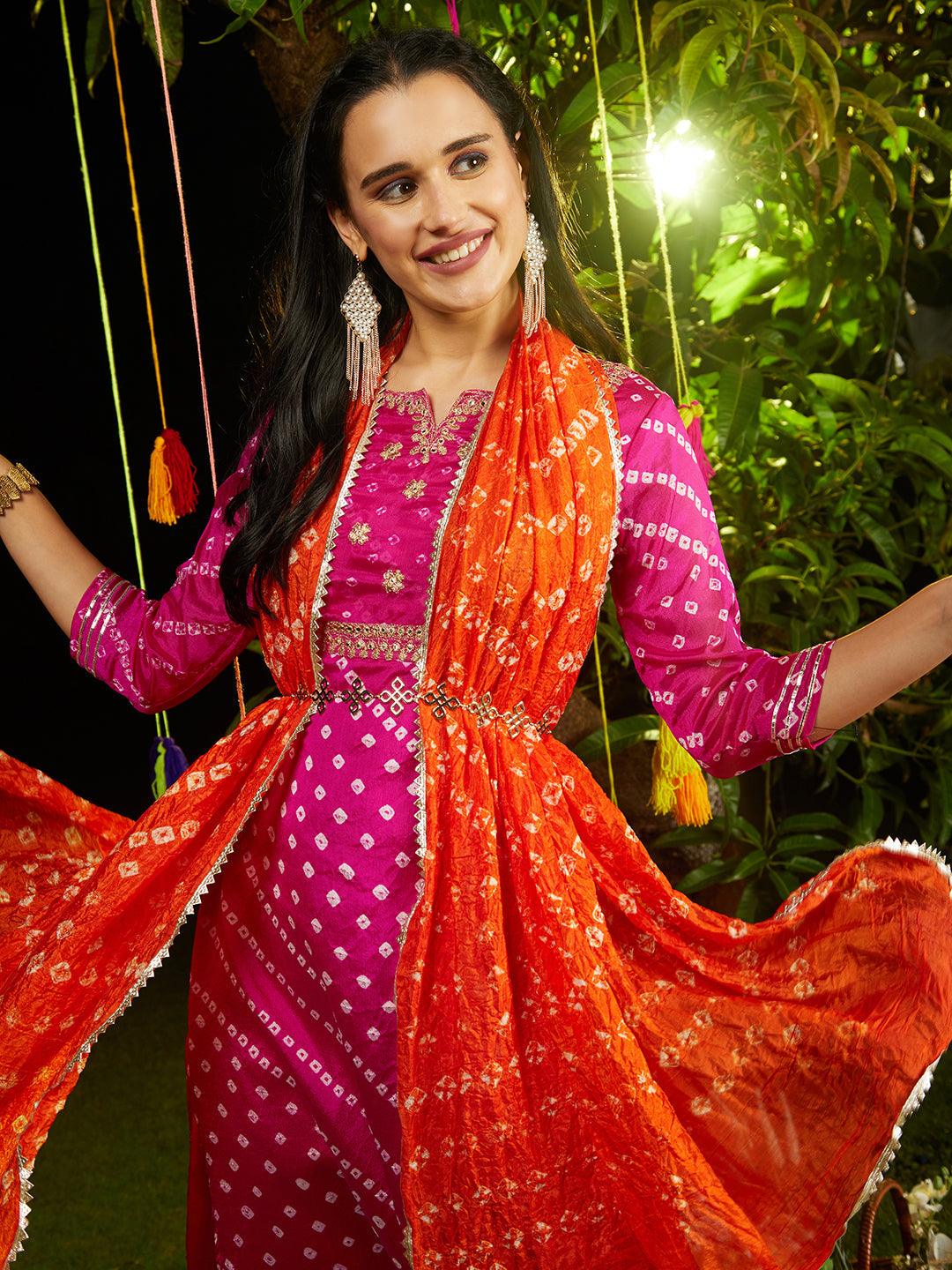 Bandhani Printed & Embroidered Straight Kurta with Pant & Dupatta - Rani Pink - Indiakreations