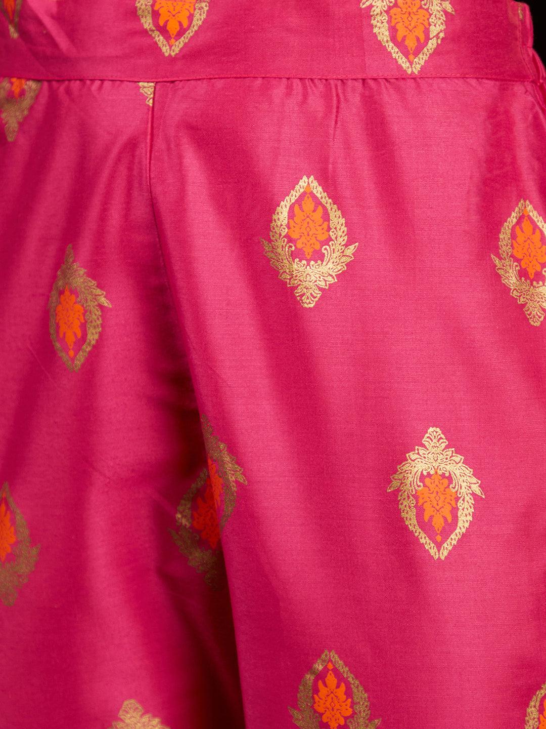 Bandhani Printed & Embroidered Straight Kurta with Pant & Dupatta - Rani Pink - Indiakreations