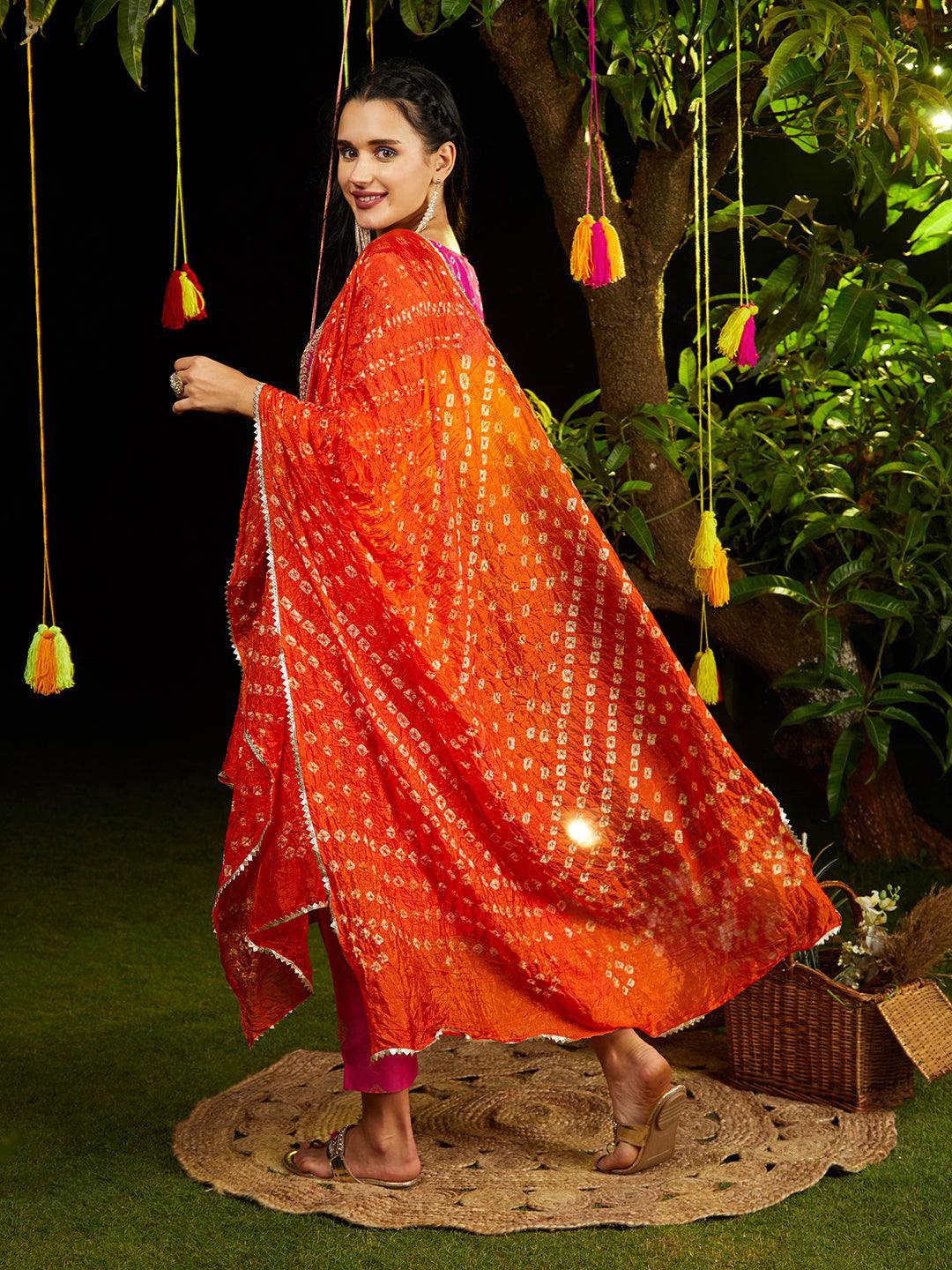 Bandhani Printed & Embroidered Straight Kurta with Pant & Dupatta - Rani Pink - Indiakreations