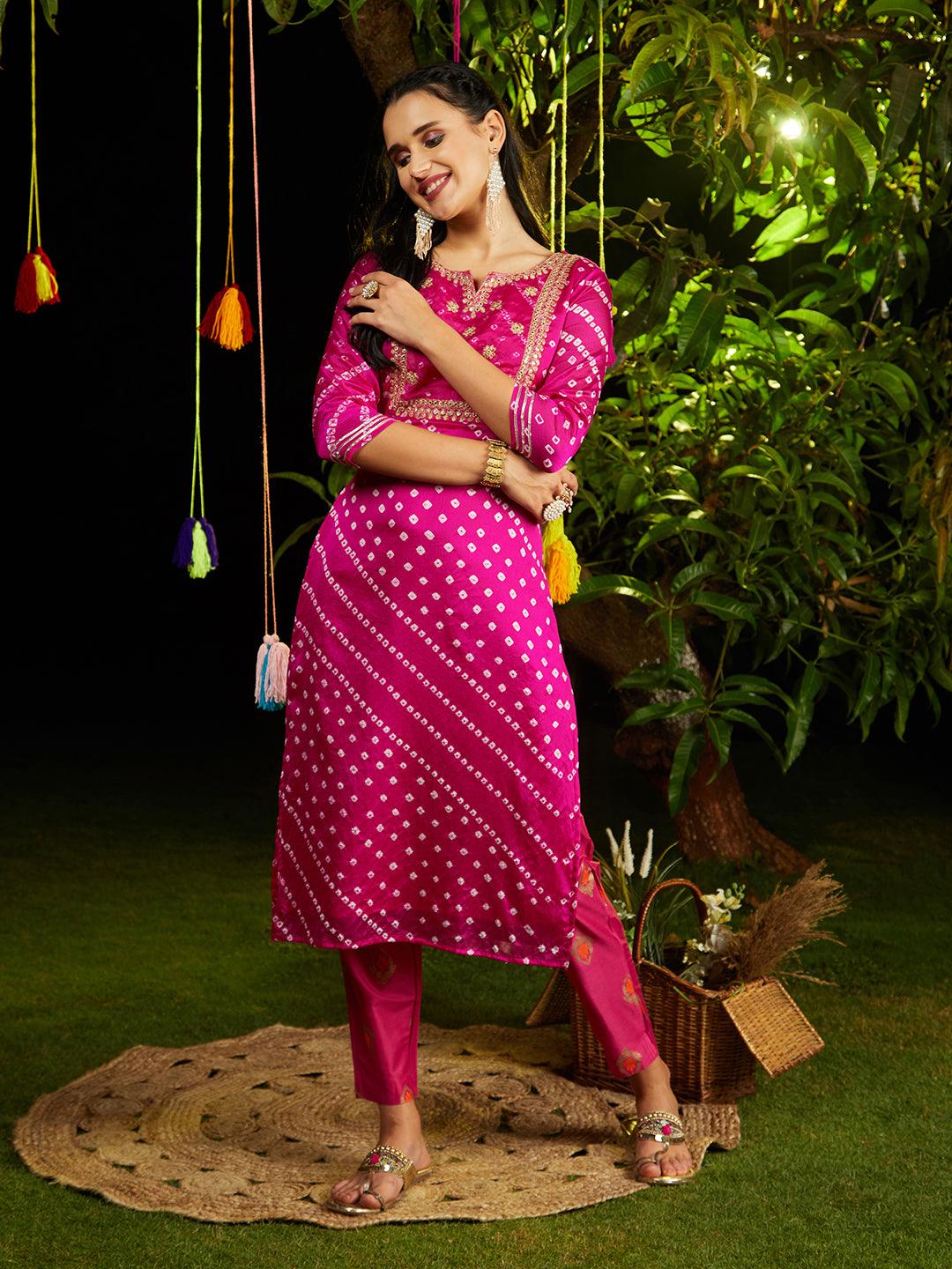 Bandhani Printed & Embroidered Straight Kurta with Pant & Dupatta - Rani Pink - Indiakreations