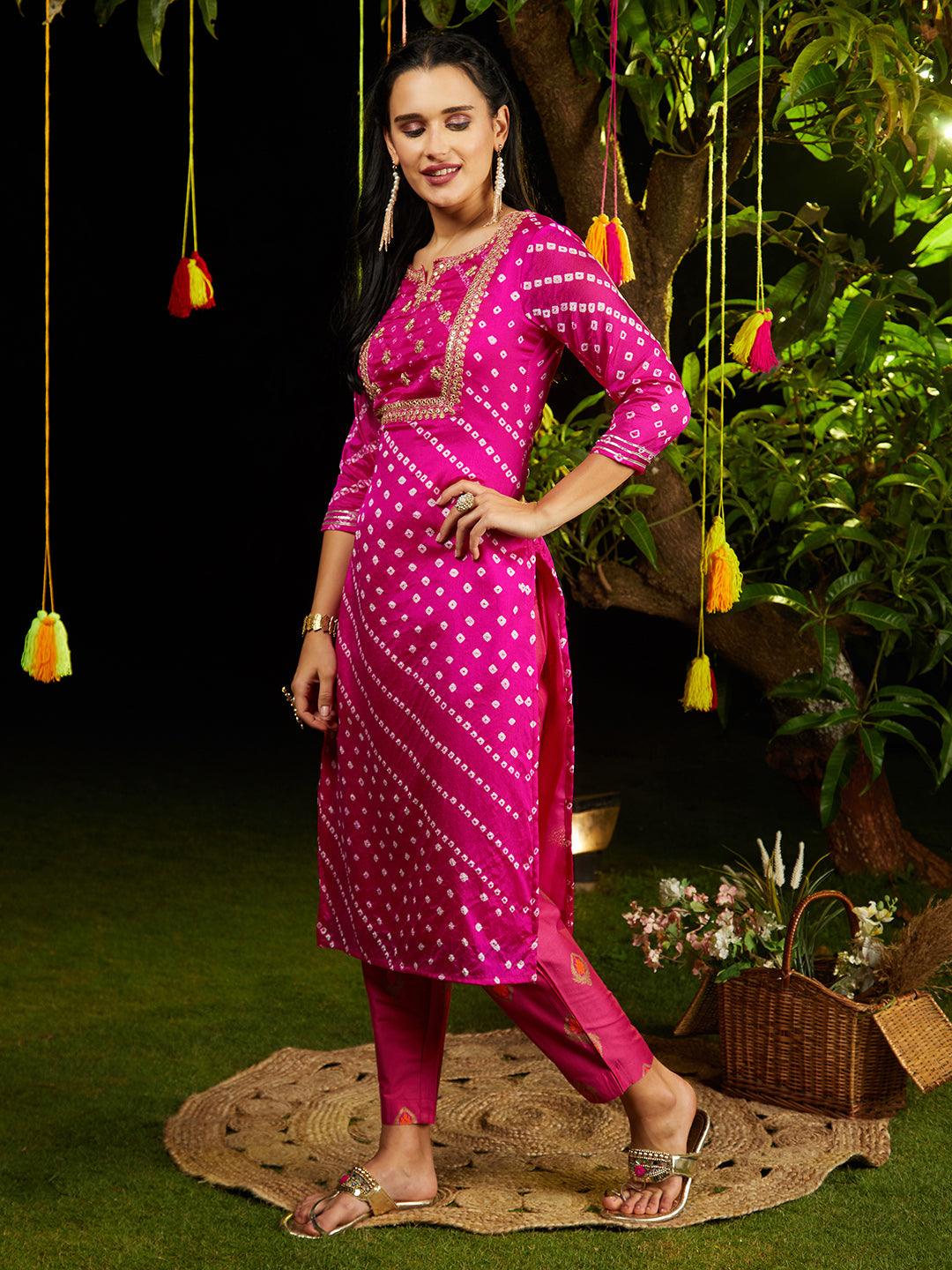 Bandhani Printed & Embroidered Straight Kurta with Pant & Dupatta - Rani Pink - Indiakreations