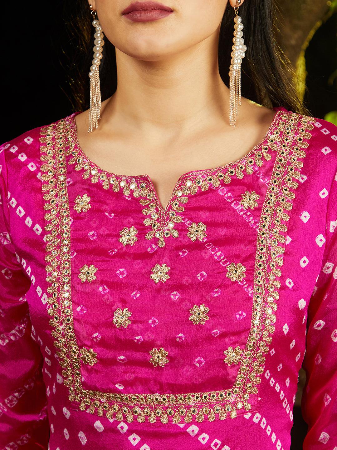 Bandhani Printed & Embroidered Straight Kurta with Pant & Dupatta - Rani Pink - Indiakreations