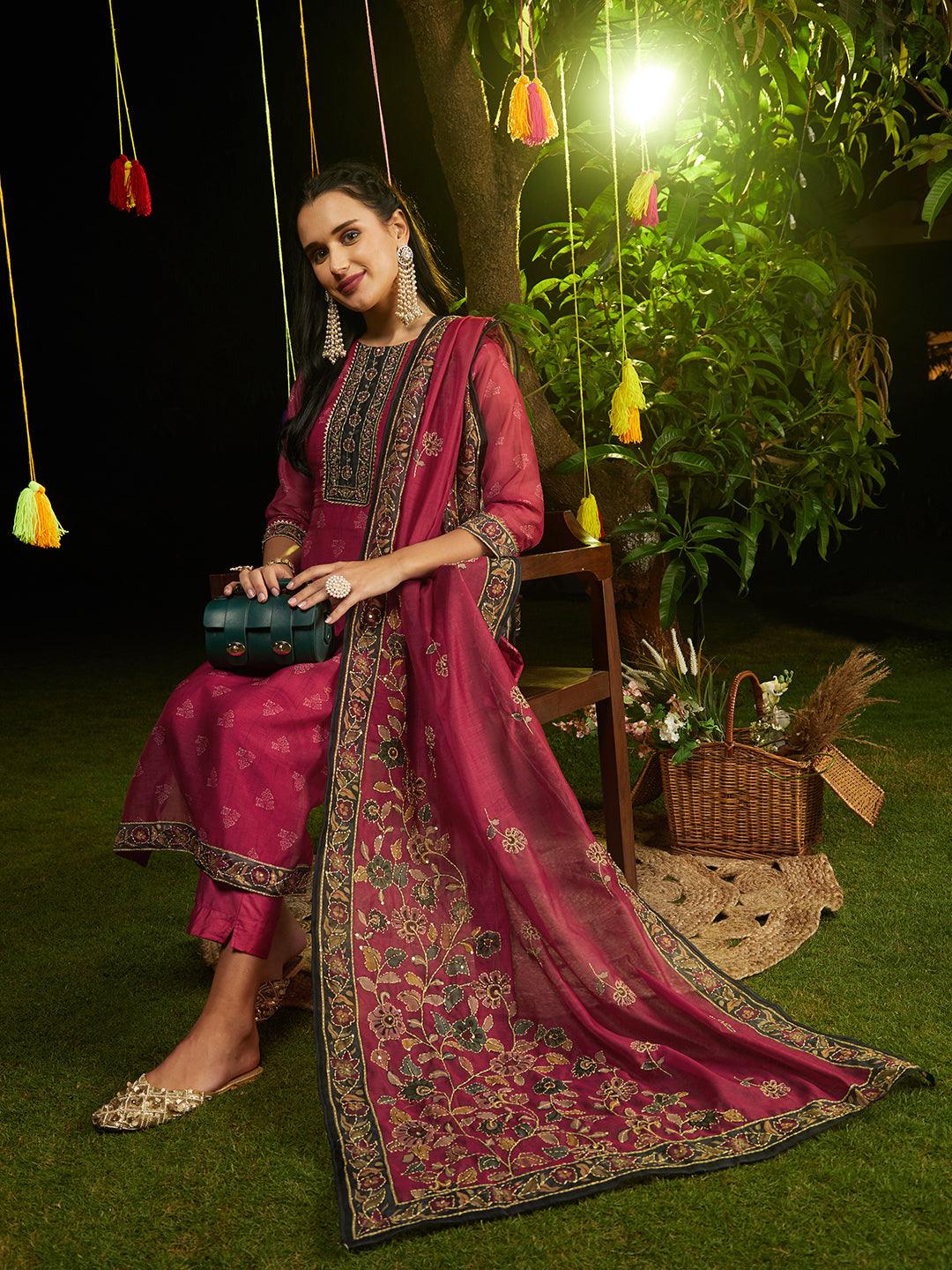 Kantha Hand Embroidered & Printed Kurta with Pants & Dupatta - Cherry Red - Indiakreations