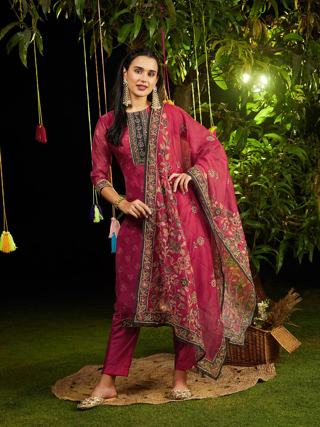 Kantha Hand Embroidered & Printed Kurta with Pants & Dupatta - Cherry Red - Indiakreations