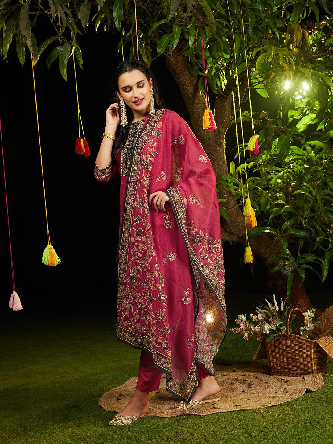 Kantha Hand Embroidered & Printed Kurta with Pants & Dupatta - Cherry Red - Indiakreations