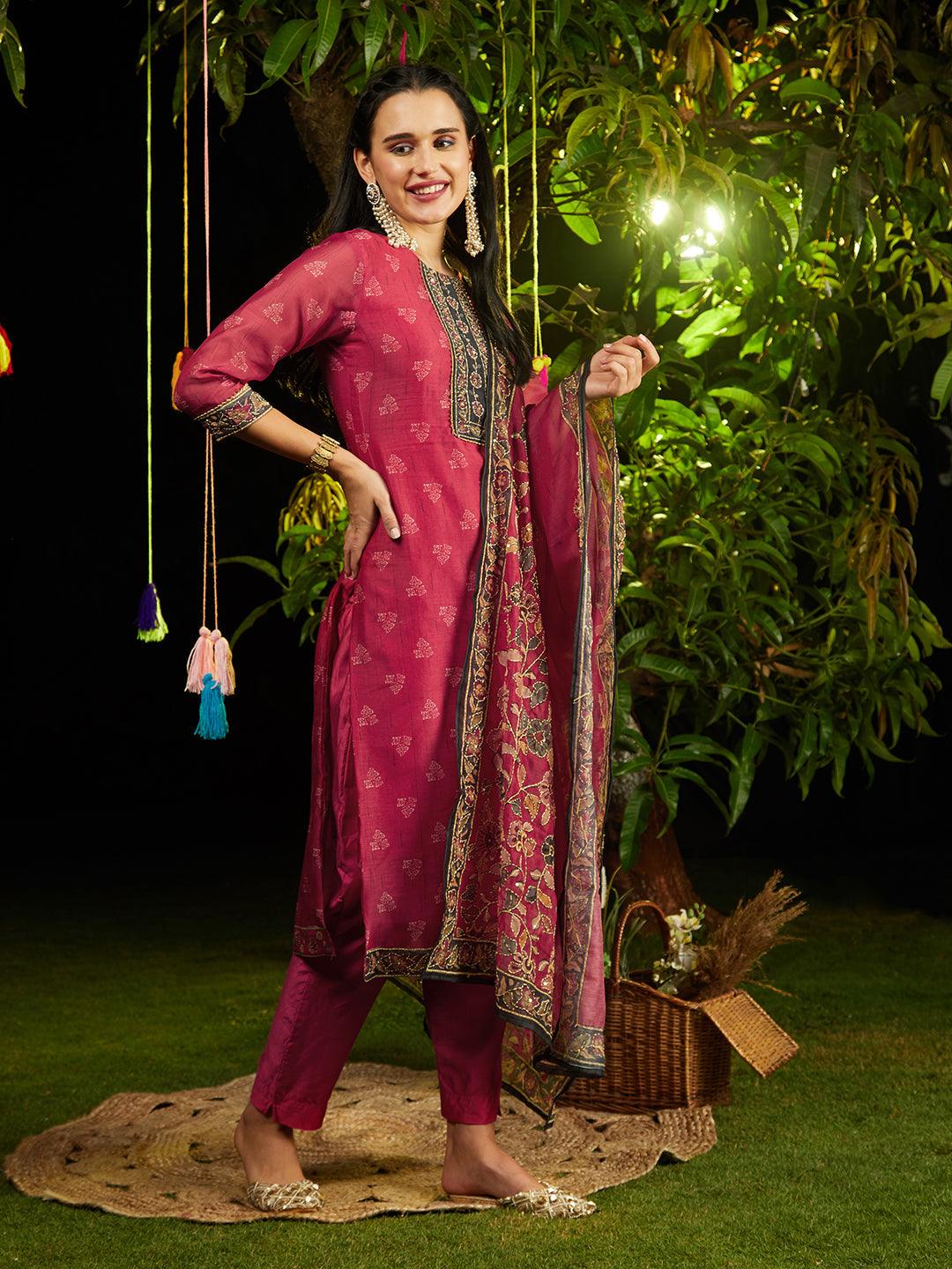 Kantha Hand Embroidered & Printed Kurta with Pants & Dupatta - Cherry Red - Indiakreations