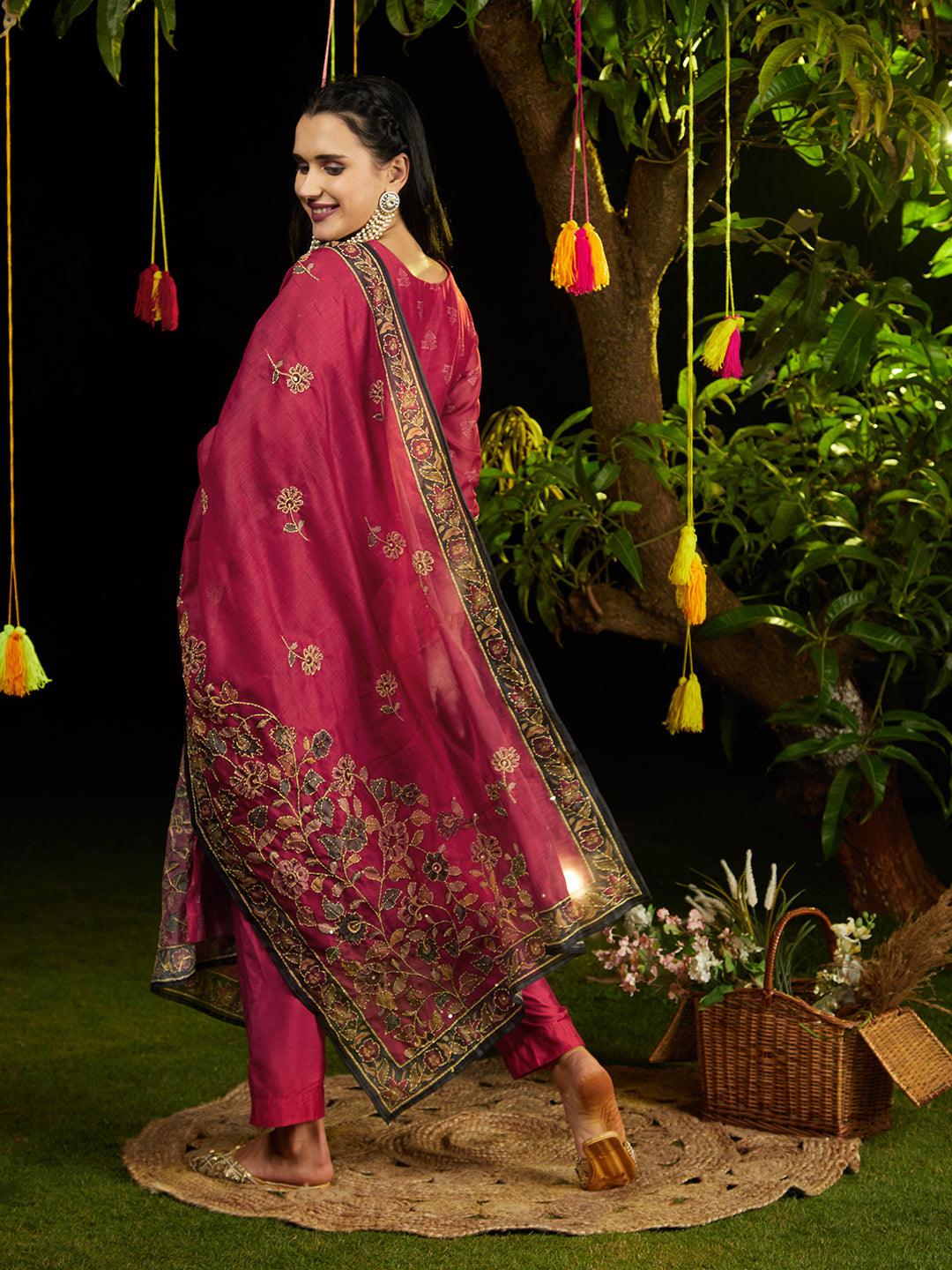 Kantha Hand Embroidered & Printed Kurta with Pants & Dupatta - Cherry Red - Indiakreations