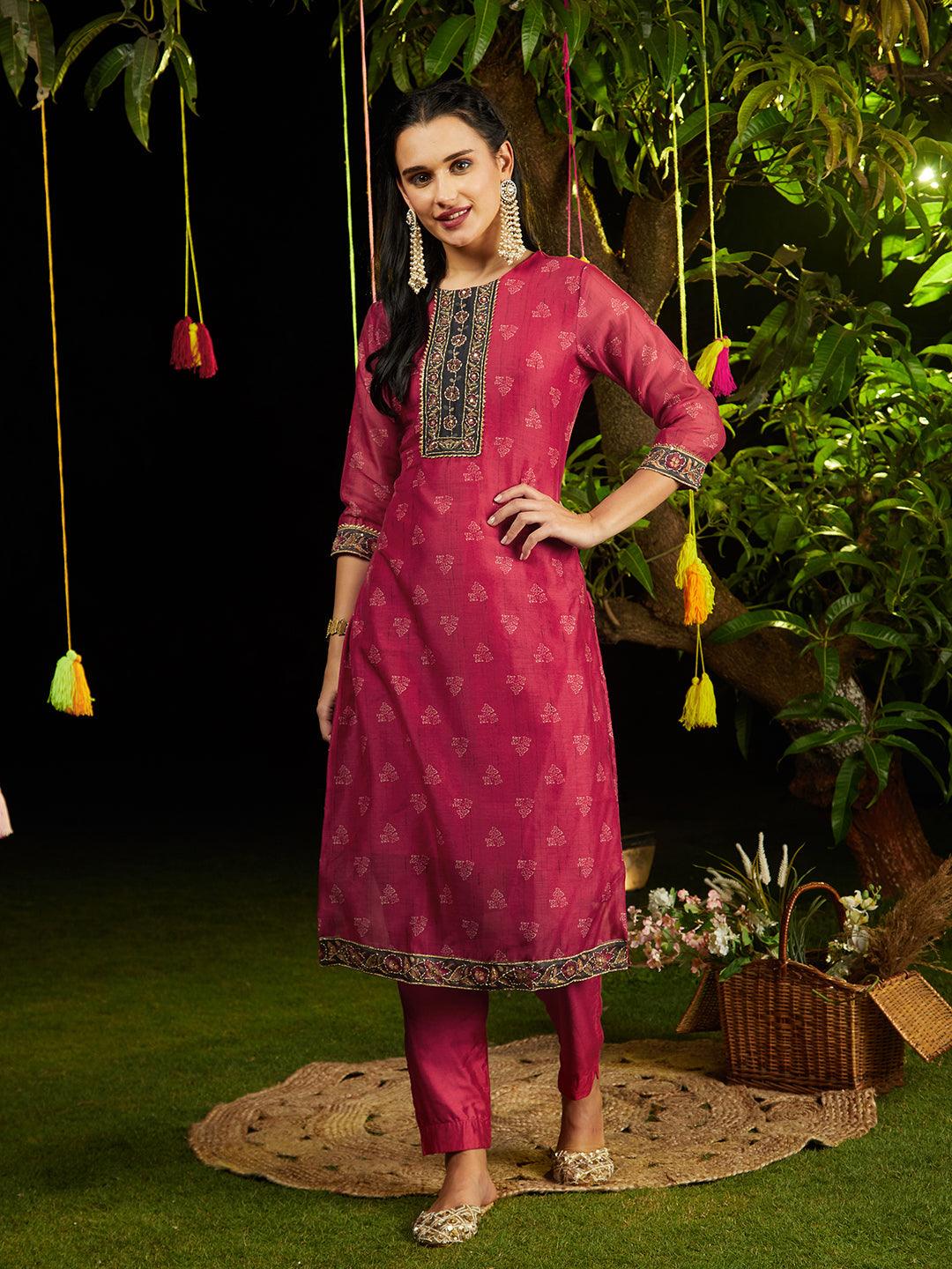 Kantha Hand Embroidered & Printed Kurta with Pants & Dupatta - Cherry Red - Indiakreations