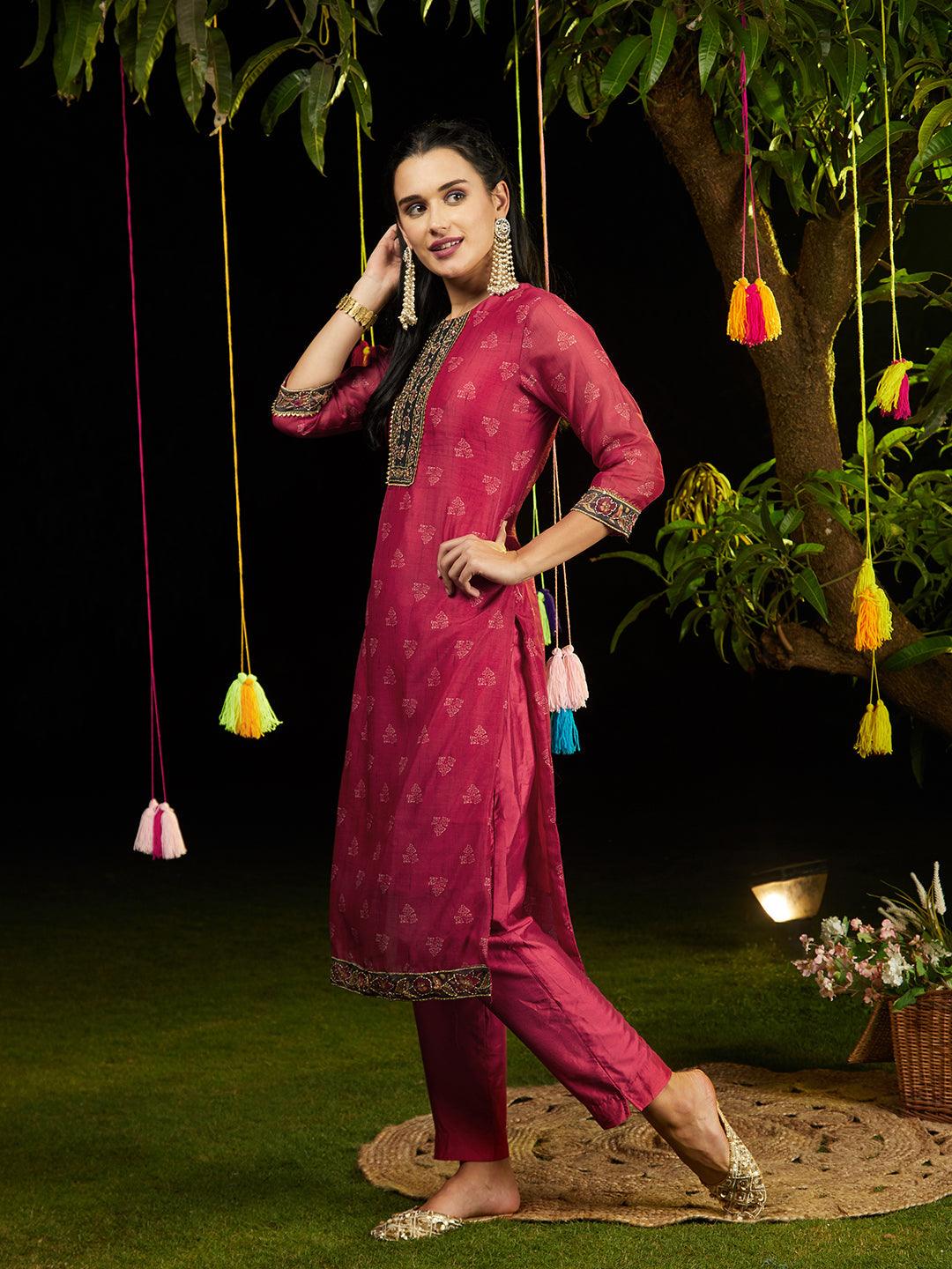 Kantha Hand Embroidered & Printed Kurta with Pants & Dupatta - Cherry Red - Indiakreations