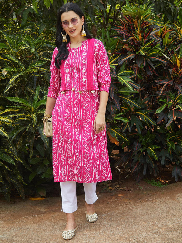 Bandhani Printed Kurta & Embroidered Jacket with Solid Ankle Pant - Pink - Indiakreations