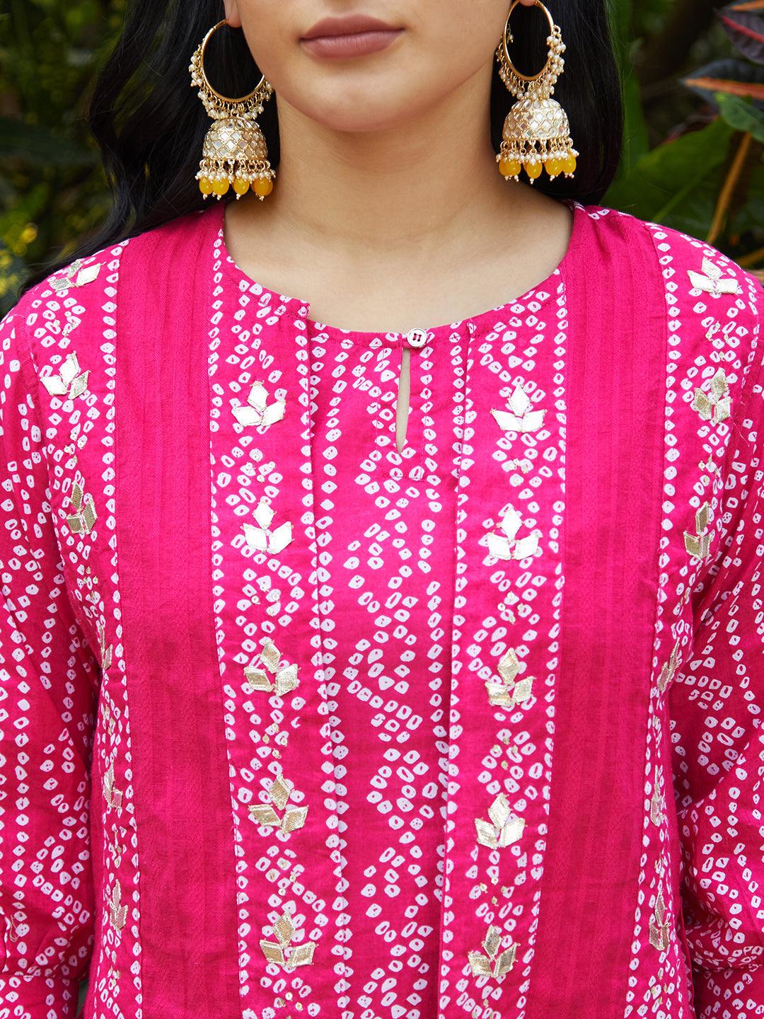 Bandhani Printed Kurta & Embroidered Jacket with Solid Ankle Pant - Pink - Indiakreations