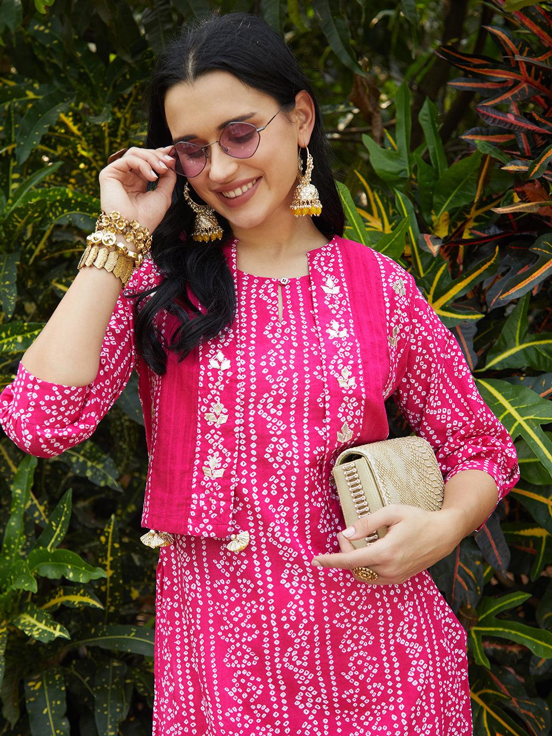 Bandhani Printed Kurta & Embroidered Jacket with Solid Ankle Pant - Pink - Indiakreations