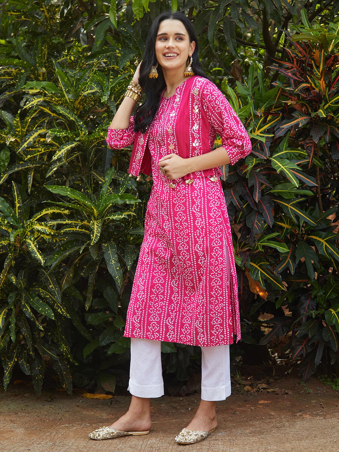 Bandhani Printed Kurta & Embroidered Jacket with Solid Ankle Pant - Pink - Indiakreations