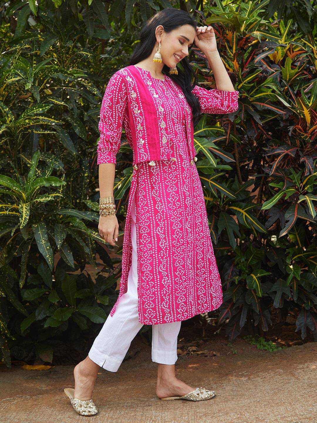 Bandhani Printed Kurta & Embroidered Jacket with Solid Ankle Pant - Pink - Indiakreations