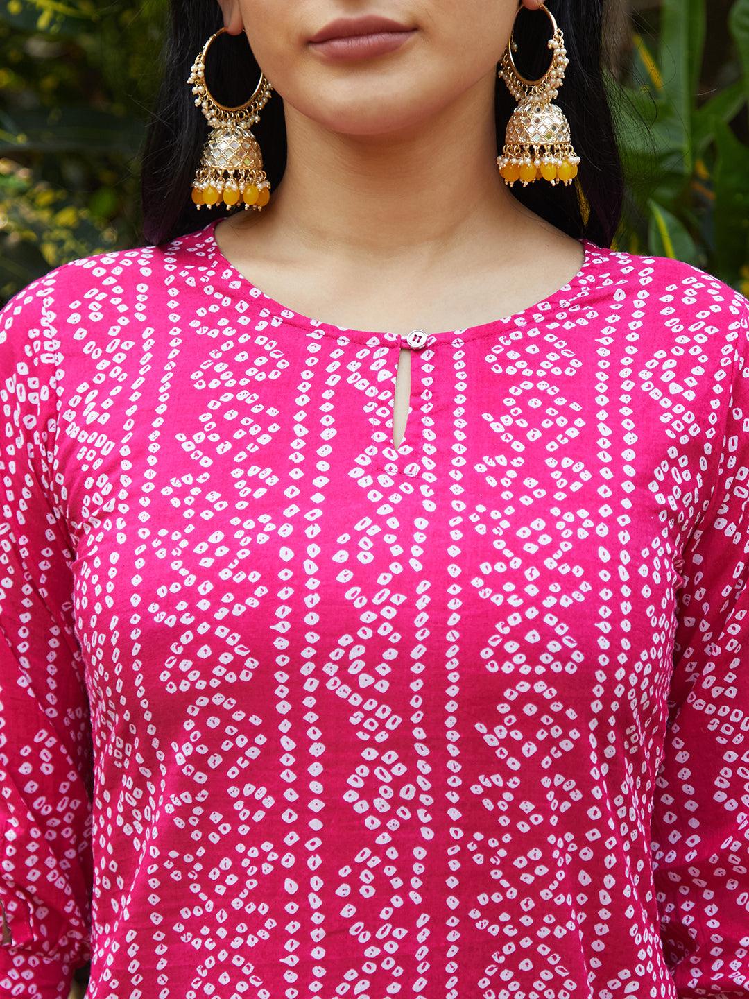 Bandhani Printed Kurta & Embroidered Jacket with Solid Ankle Pant - Pink - Indiakreations