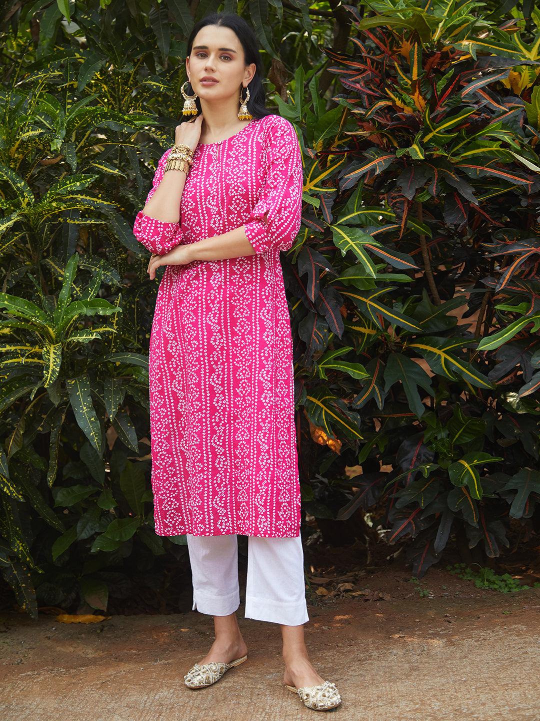 Bandhani Printed Kurta & Embroidered Jacket with Solid Ankle Pant - Pink - Indiakreations