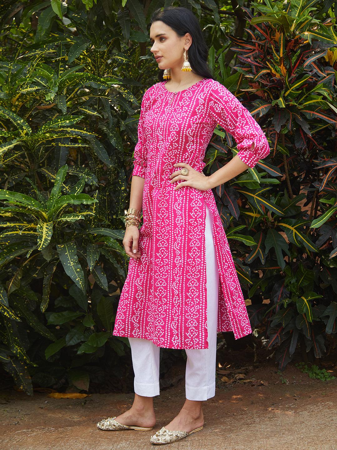 Bandhani Printed Kurta & Embroidered Jacket with Solid Ankle Pant - Pink - Indiakreations