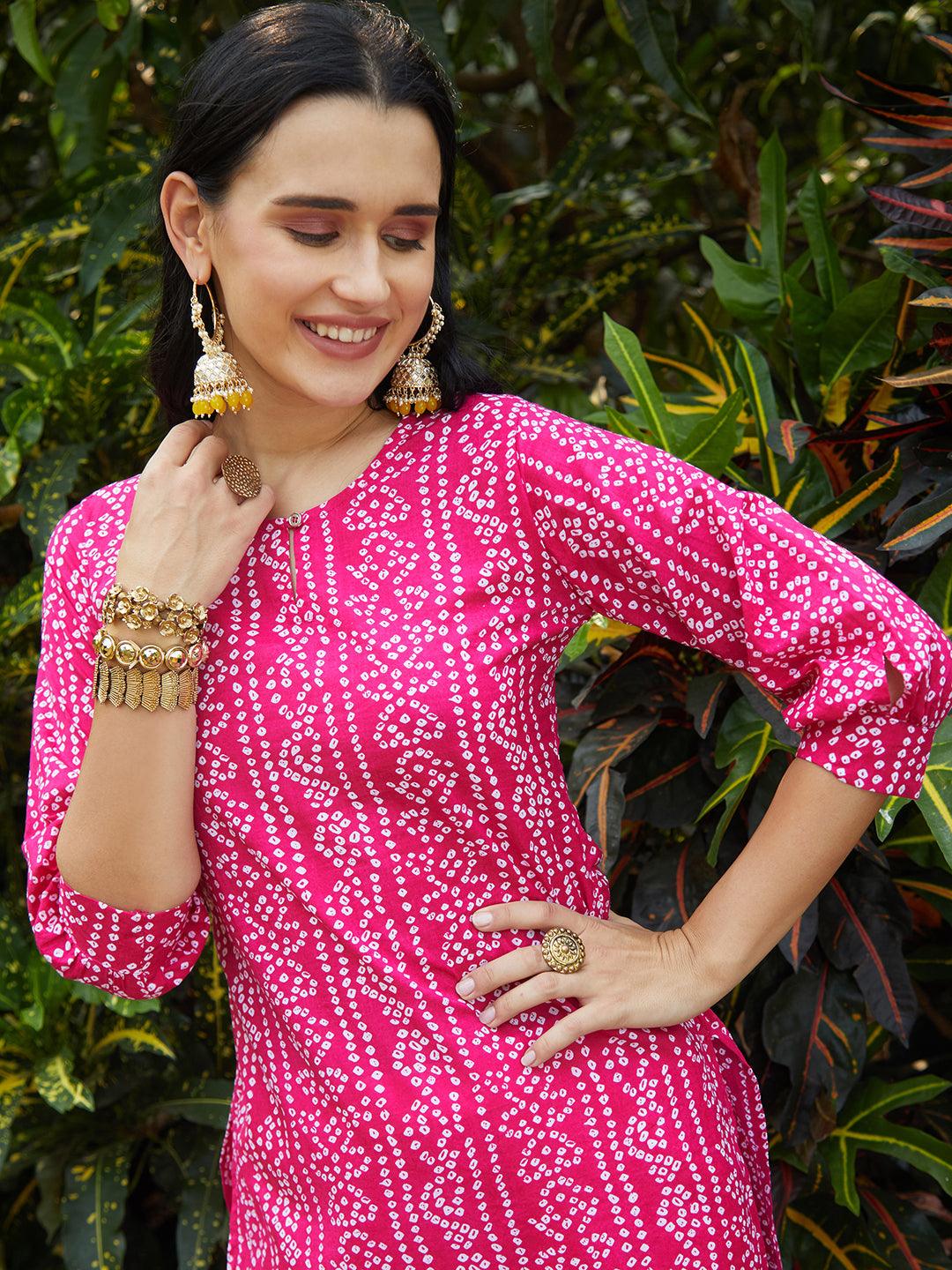 Bandhani Printed Kurta & Embroidered Jacket with Solid Ankle Pant - Pink - Indiakreations