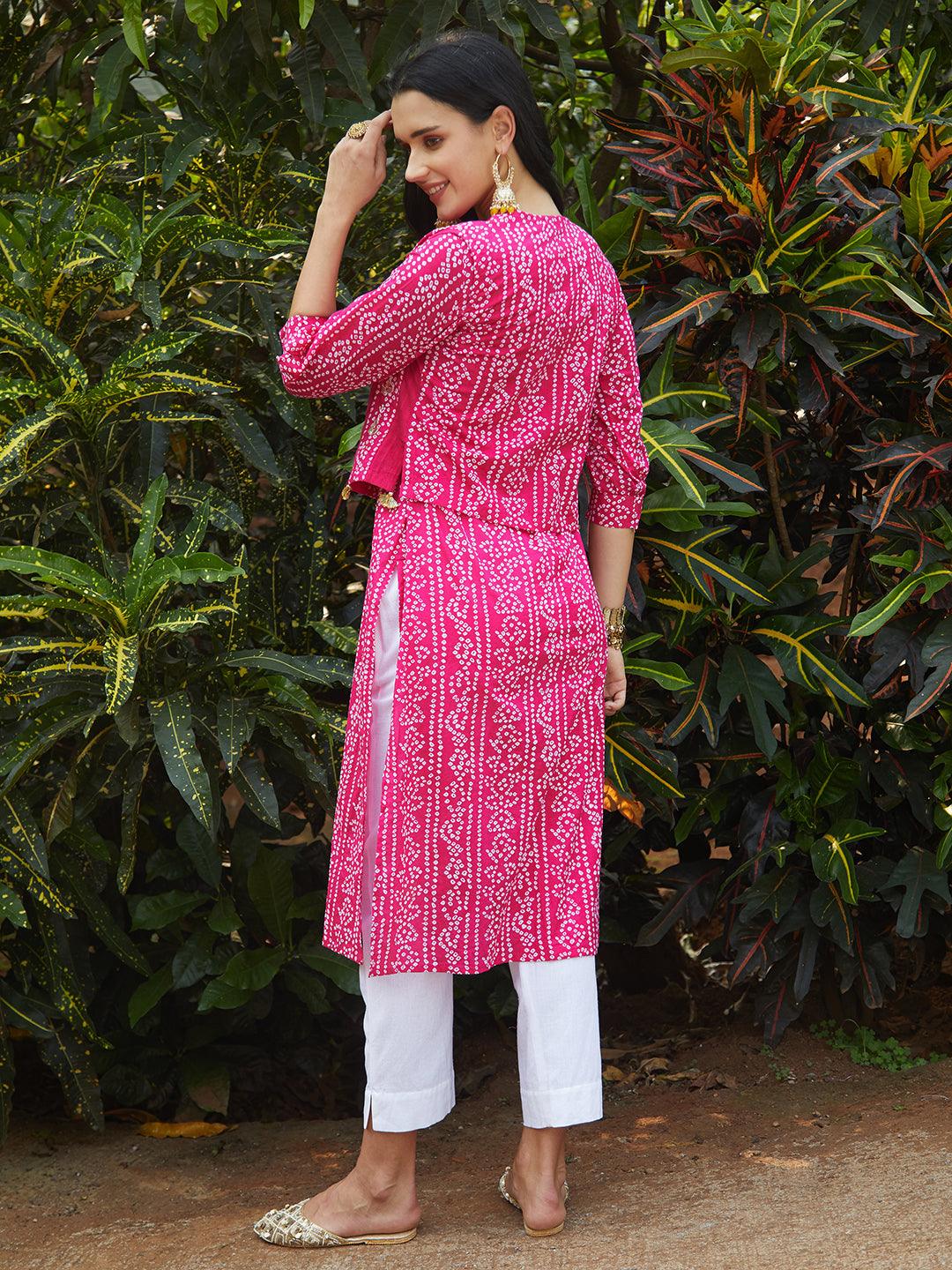 Bandhani Printed Kurta & Embroidered Jacket with Solid Ankle Pant - Pink - Indiakreations