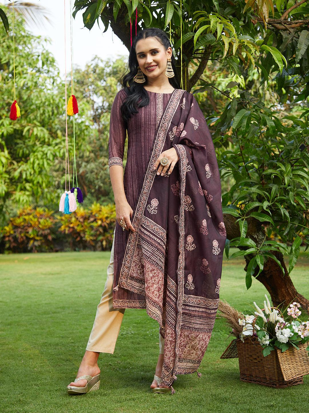 Batik Printed Kurta and Dupatta with Kantha Work - Burgundy - Indiakreations