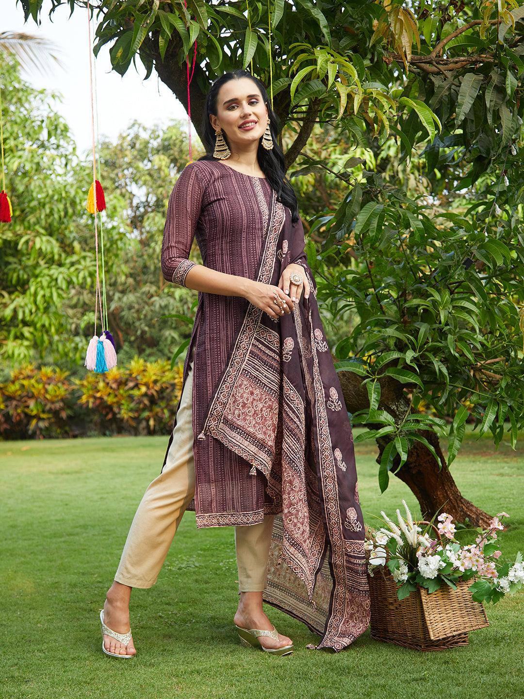 Batik Printed Kurta and Dupatta with Kantha Work - Burgundy - Indiakreations