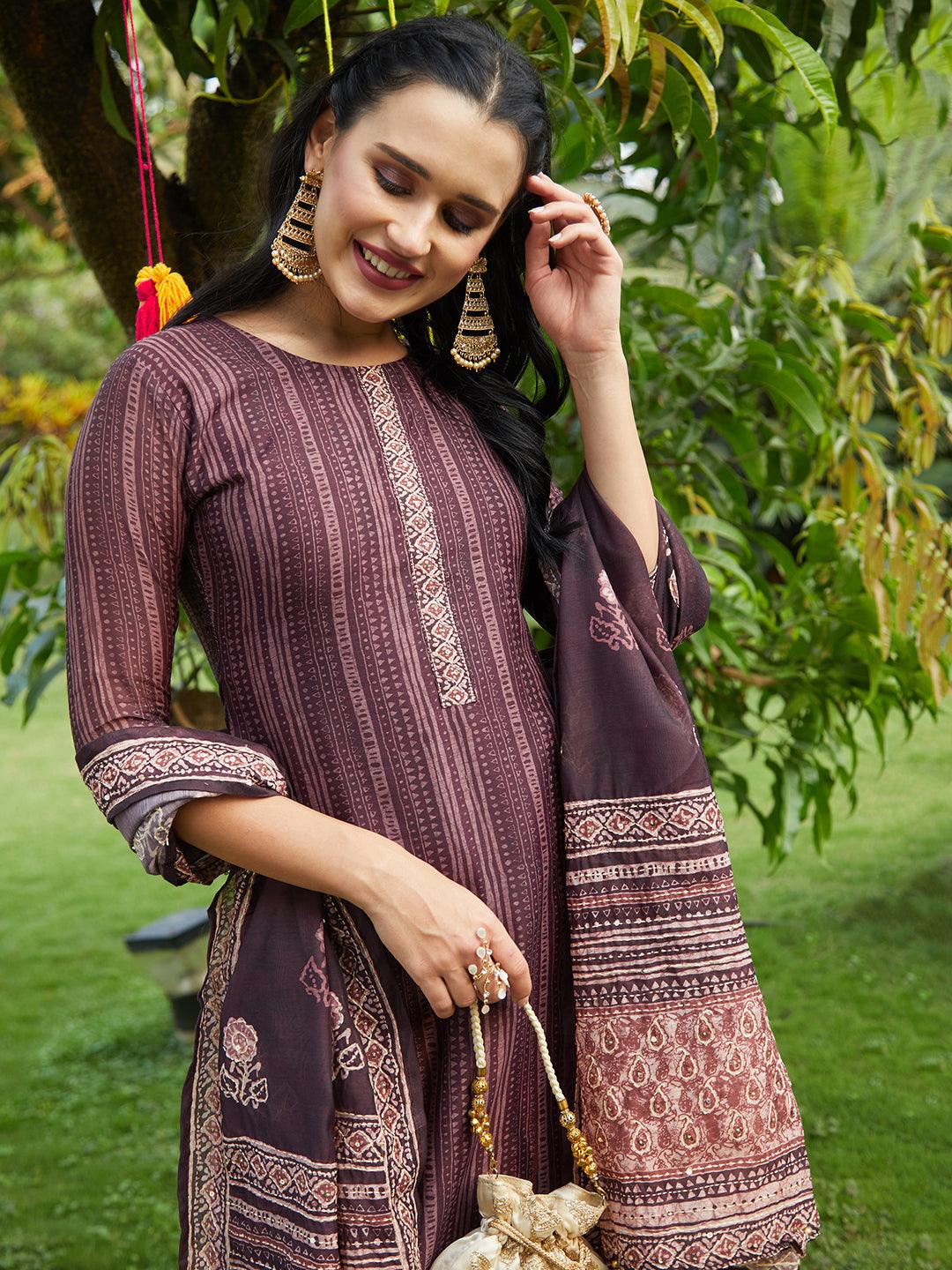 Batik Printed Kurta and Dupatta with Kantha Work - Burgundy - Indiakreations