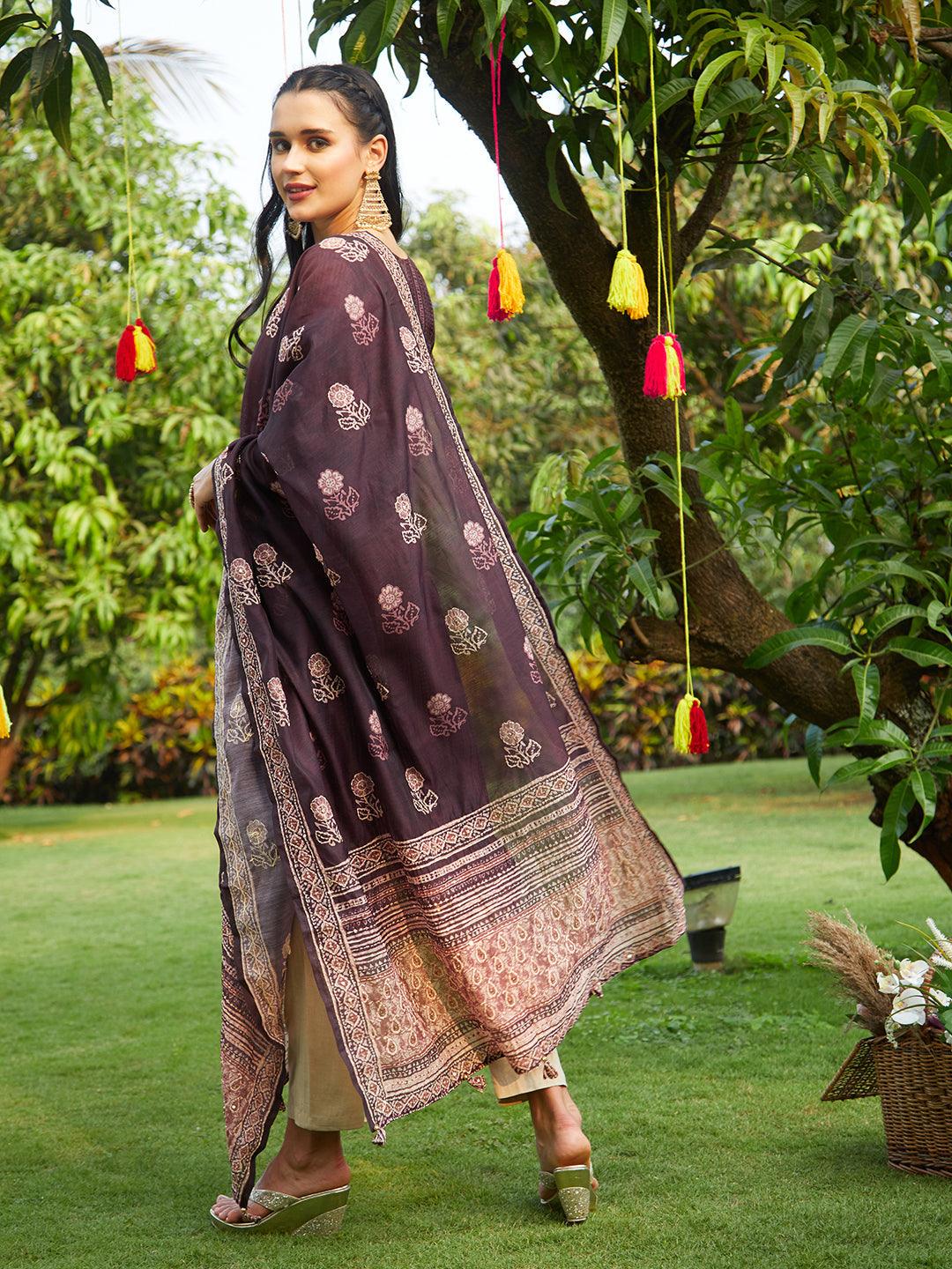 Batik Printed Kurta and Dupatta with Kantha Work - Burgundy - Indiakreations