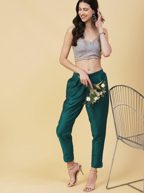 Solid Slub Pants - Green - Indiakreations