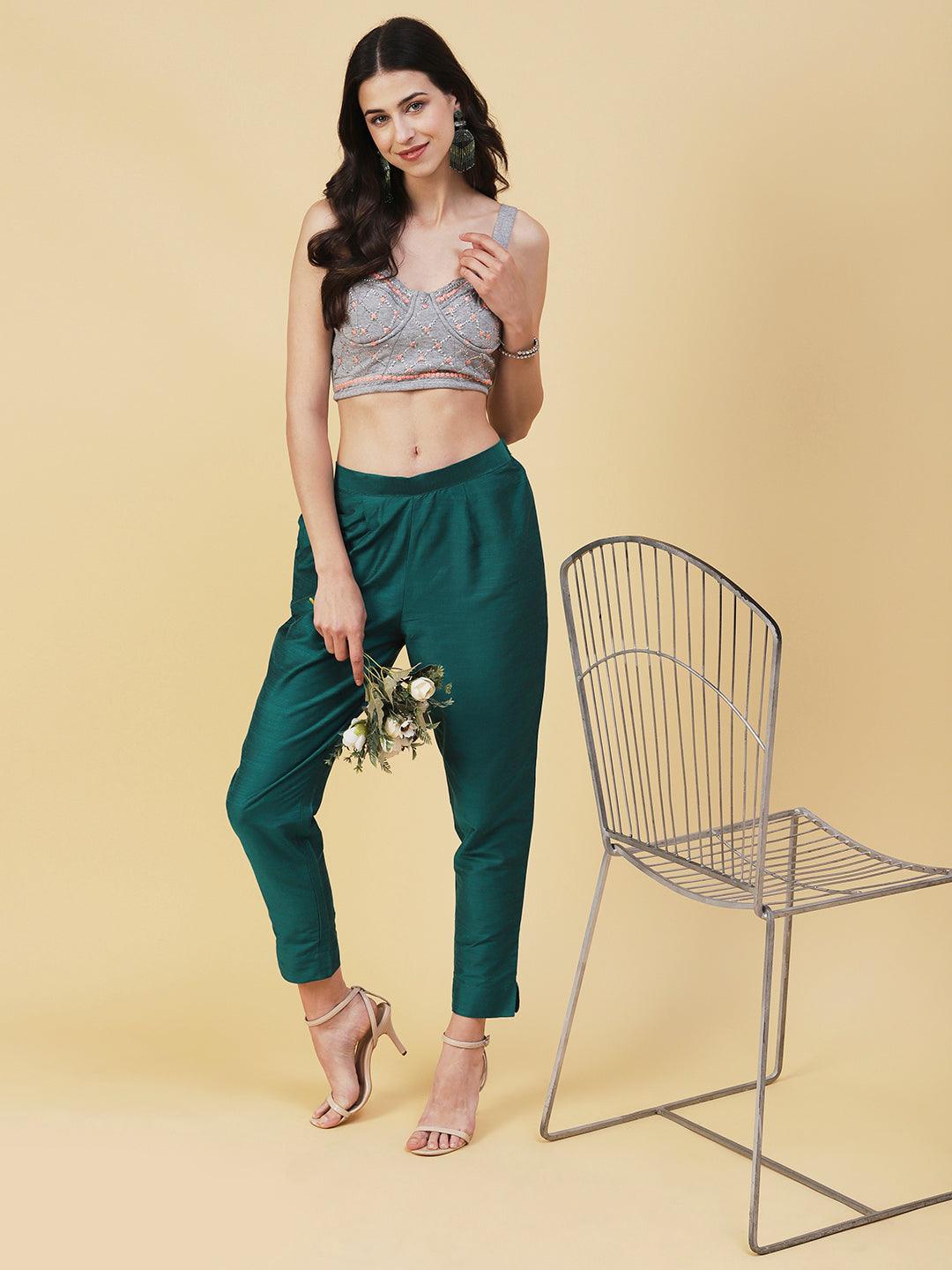 Solid Slub Pants - Green - Indiakreations