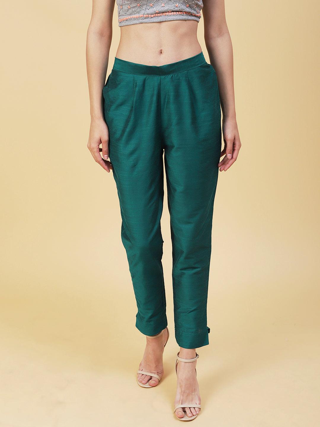 Solid Slub Pants - Green - Indiakreations