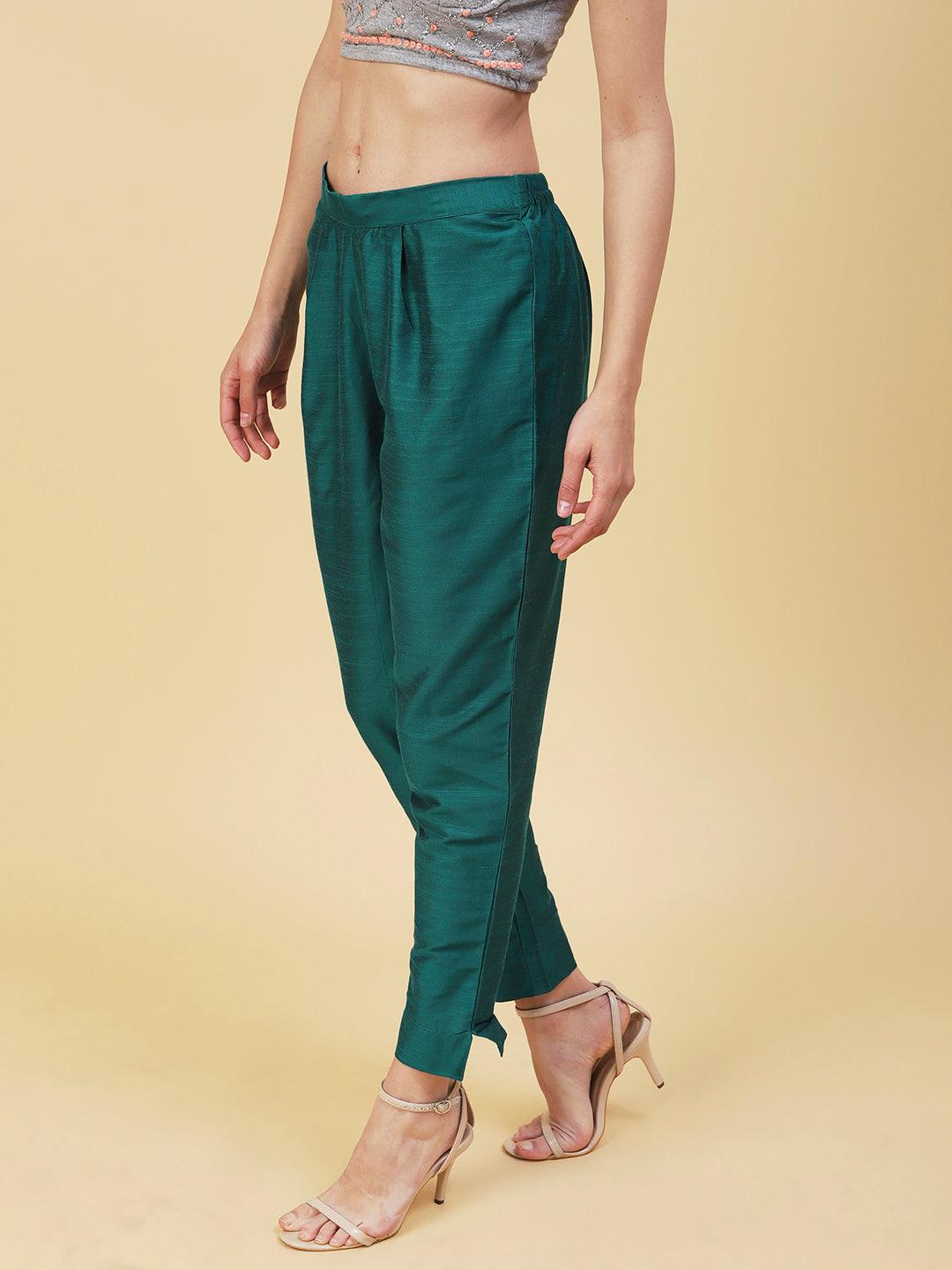 Solid Slub Pants - Green - Indiakreations