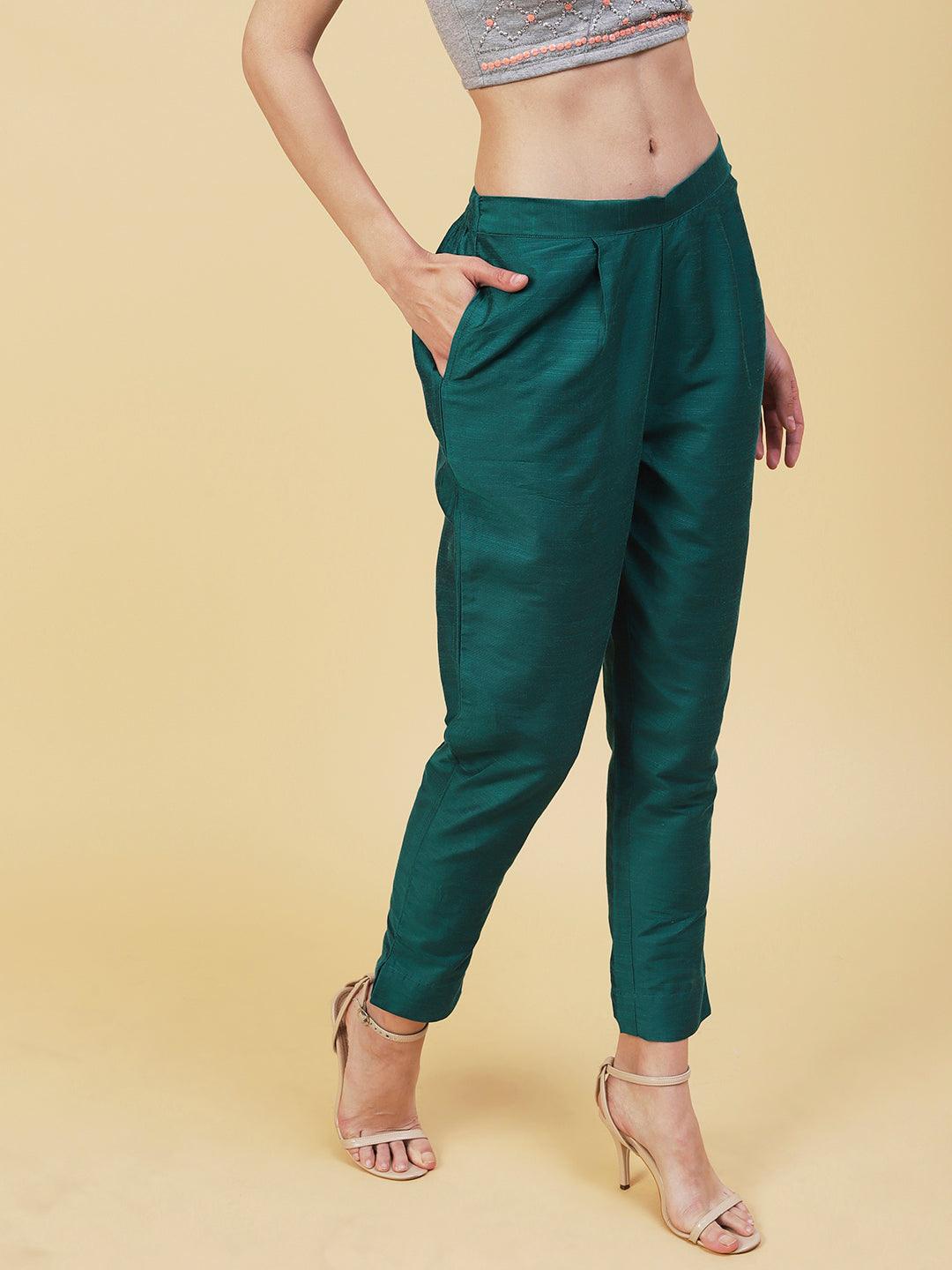 Solid Slub Pants - Green - Indiakreations