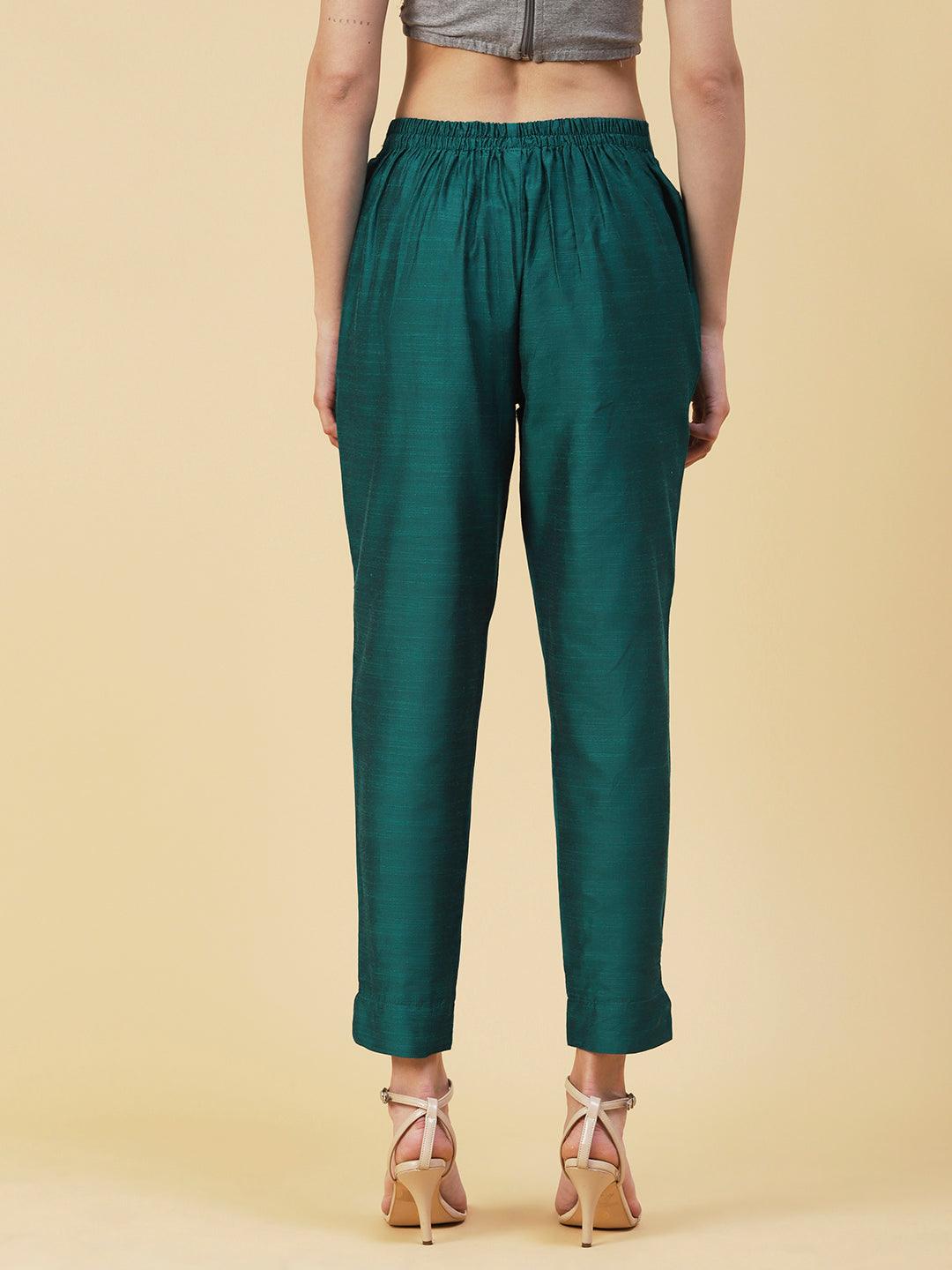 Solid Slub Pants - Green - Indiakreations