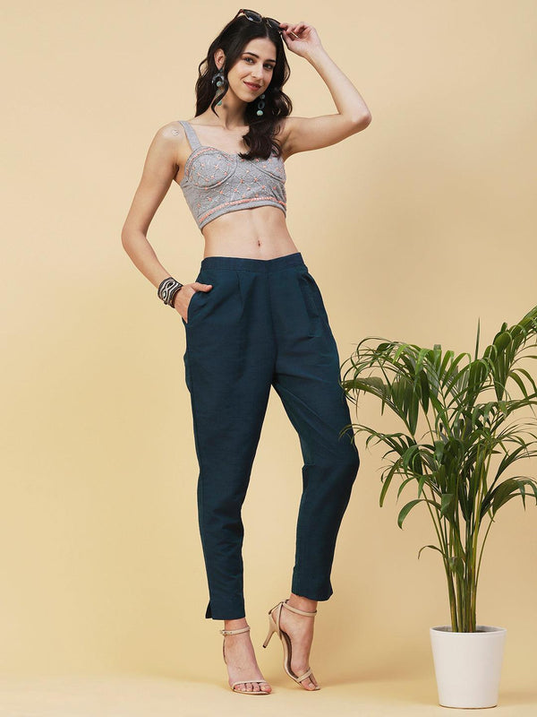 Solid Slub Pants - Teal - Indiakreations