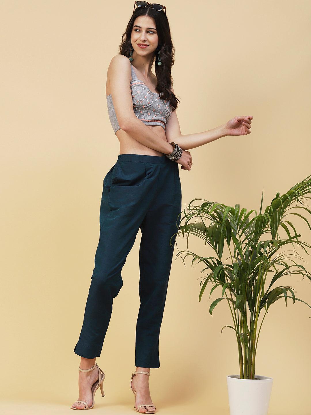 Solid Slub Pants - Teal - Indiakreations