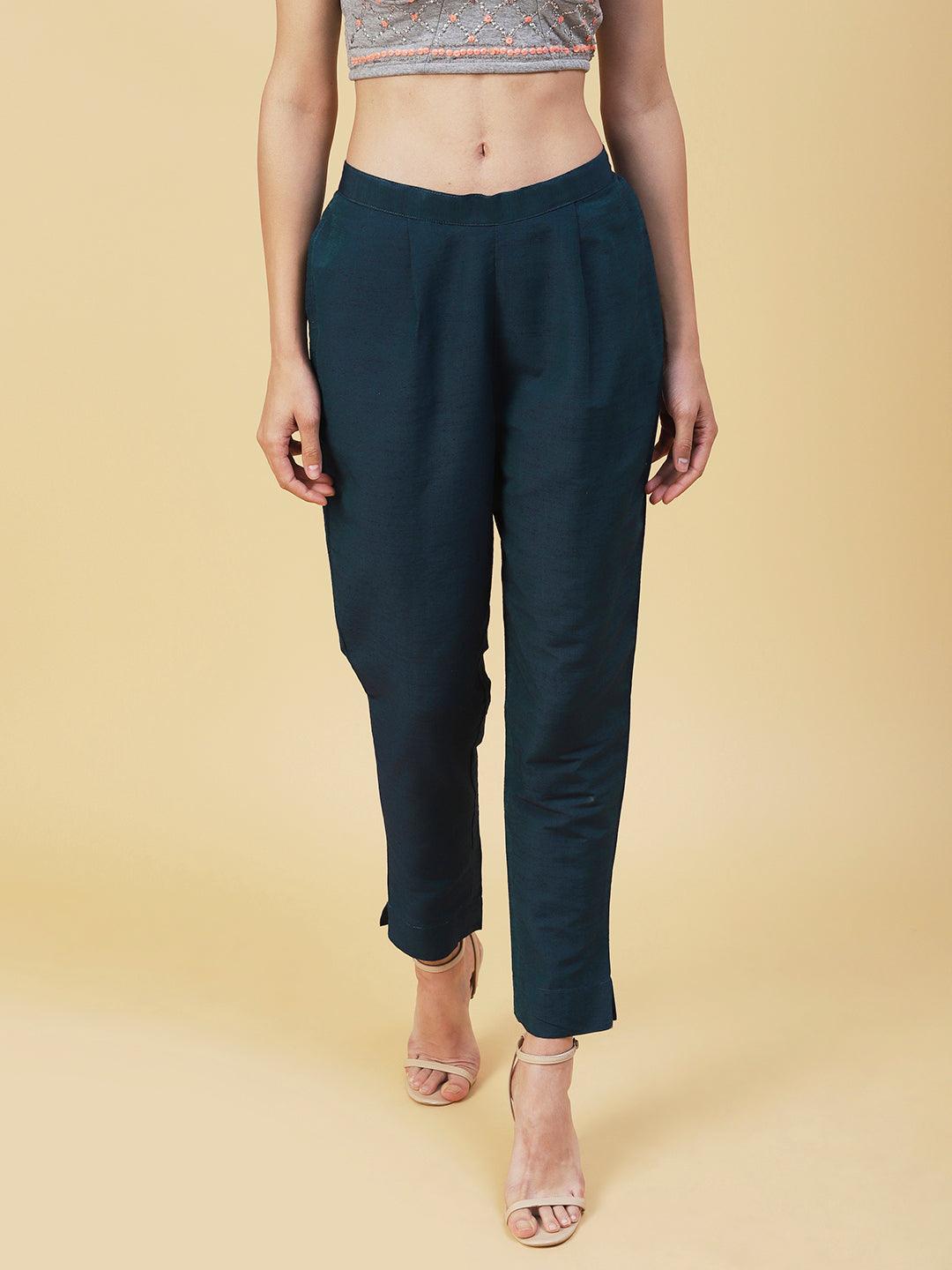 Solid Slub Pants - Teal - Indiakreations