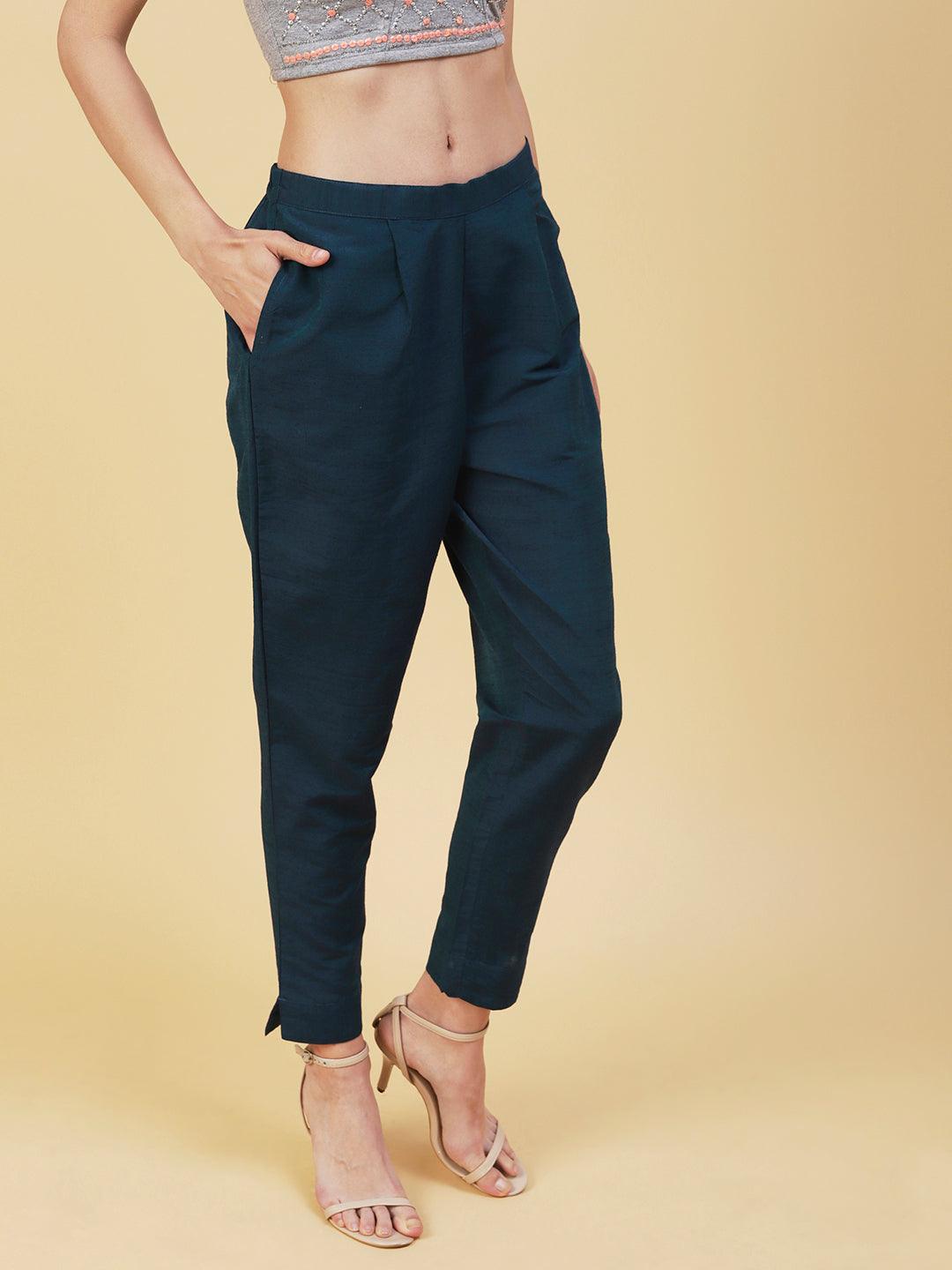 Solid Slub Pants - Teal - Indiakreations